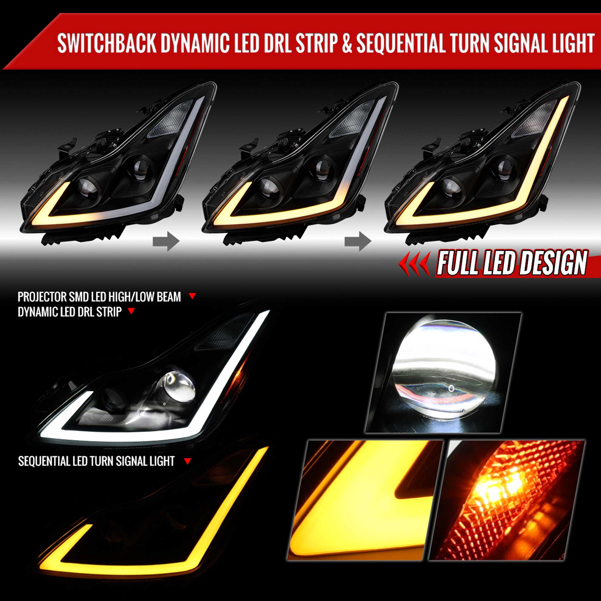 For Infiniti G37 2008-13 / Q60 Coupe 2014-15 LED Projector Headlights Sequential Matte Black Clear Lens Switchback