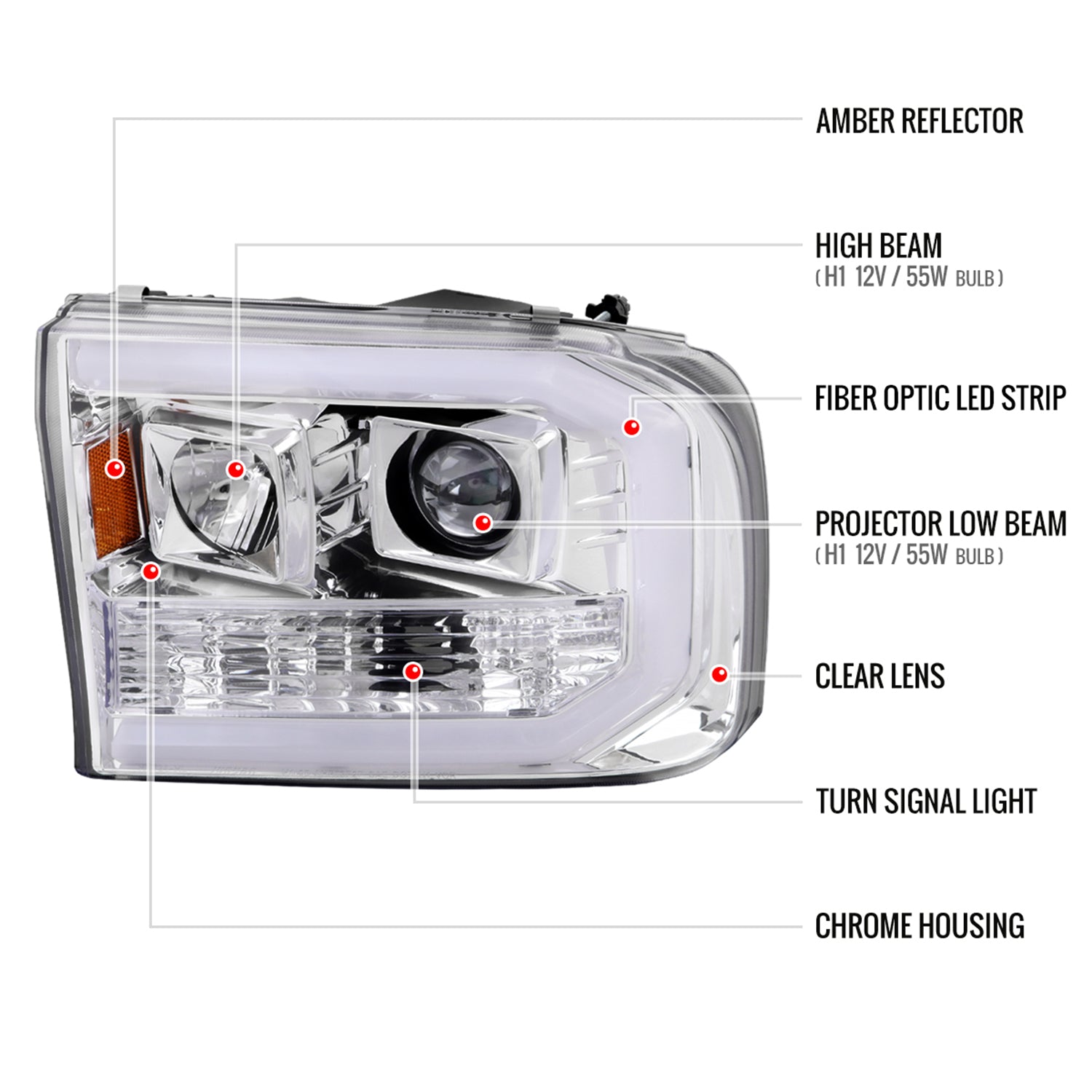 1999-2004 Ford F-250/350/450/550 /2000-2004 Excursion LED Bar Headlights Chrome