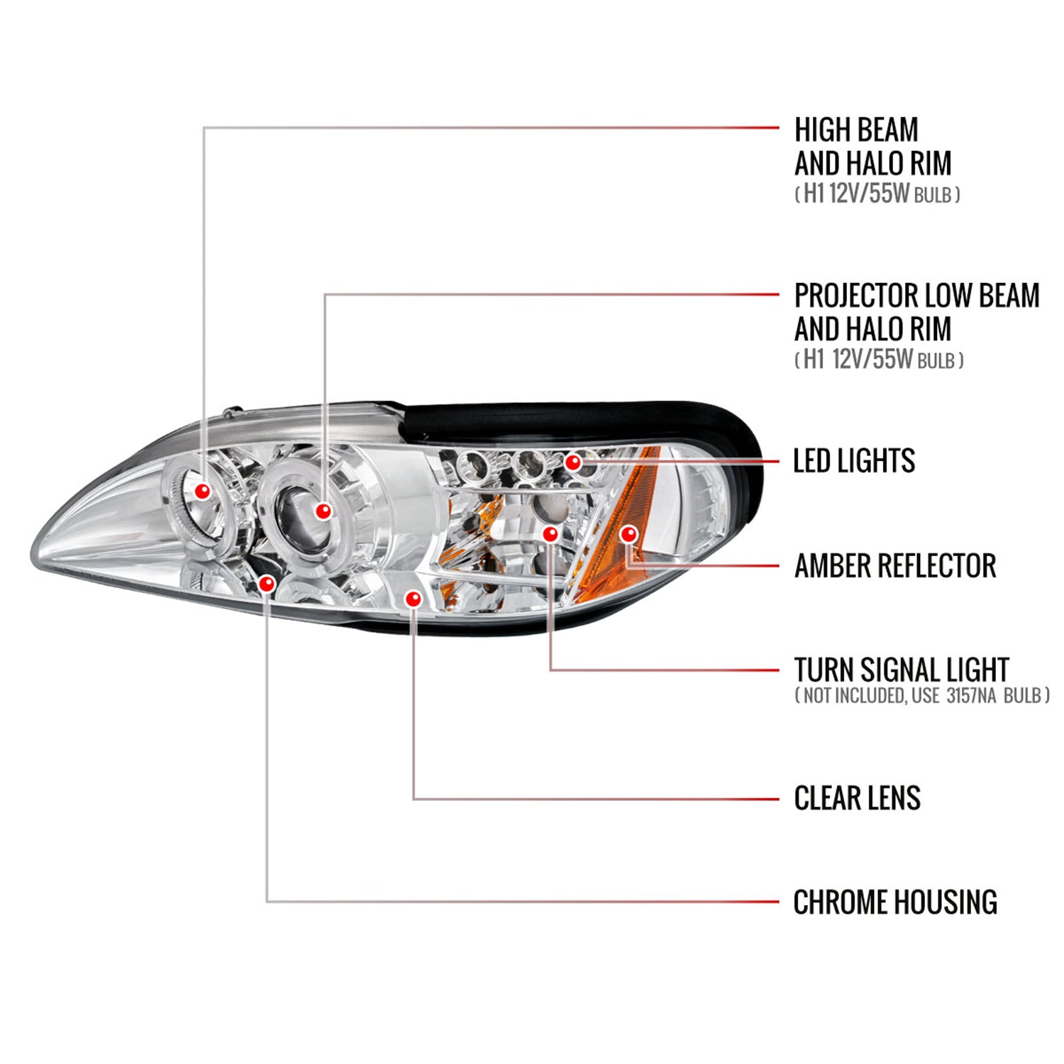 1994-1998 Ford Mustang Dual Halo Projector Headlights Chrome/Clear Lens