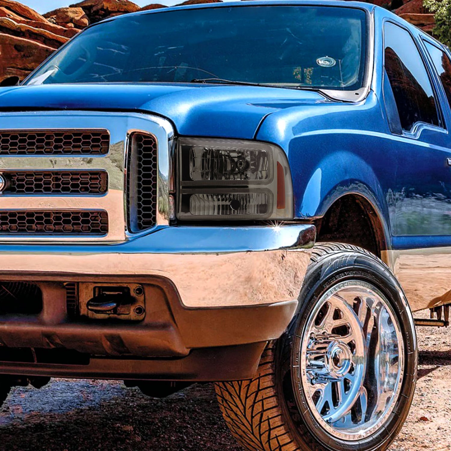 1999-2004 Ford F-250/350/450/550/Excursion Headlights Dual LED C-Bar Smoke