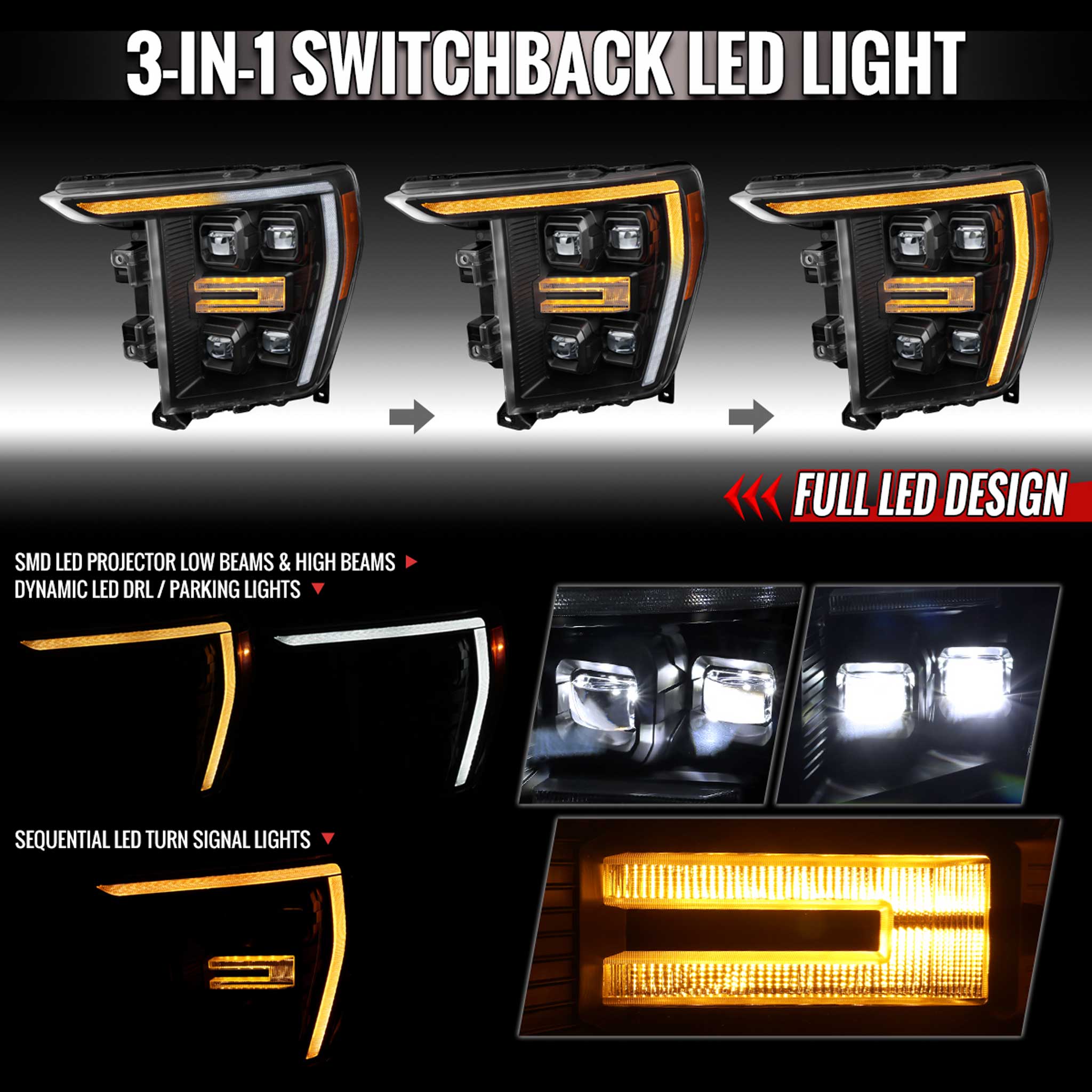 For Ford F-150 2021-2023 Full LED Projector Headlights Sequential Start-Up Glossy Black Clear Lens