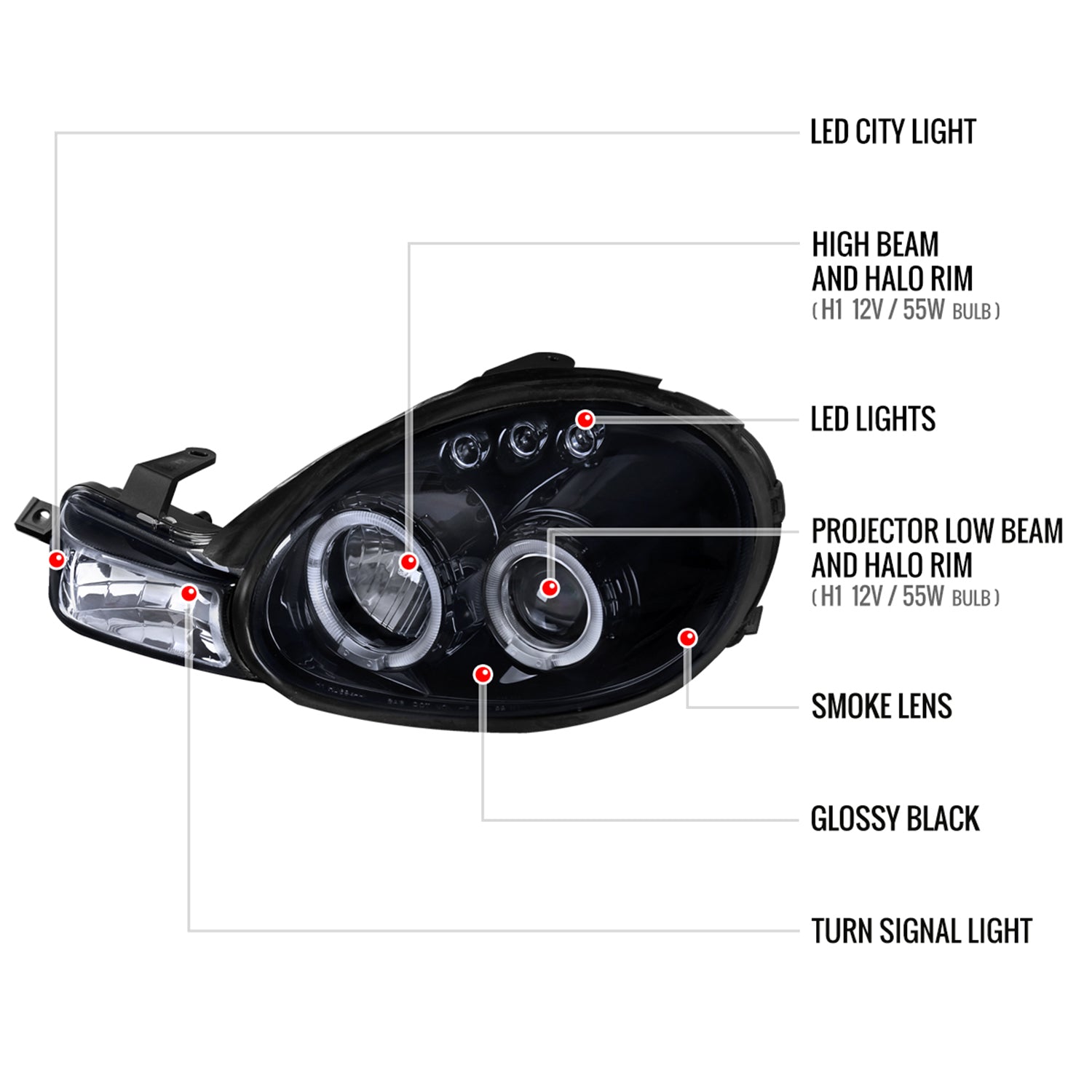 2000-2002 Dodge Plymouth Neon Dual Halo Projector Headlights Black/Smoke