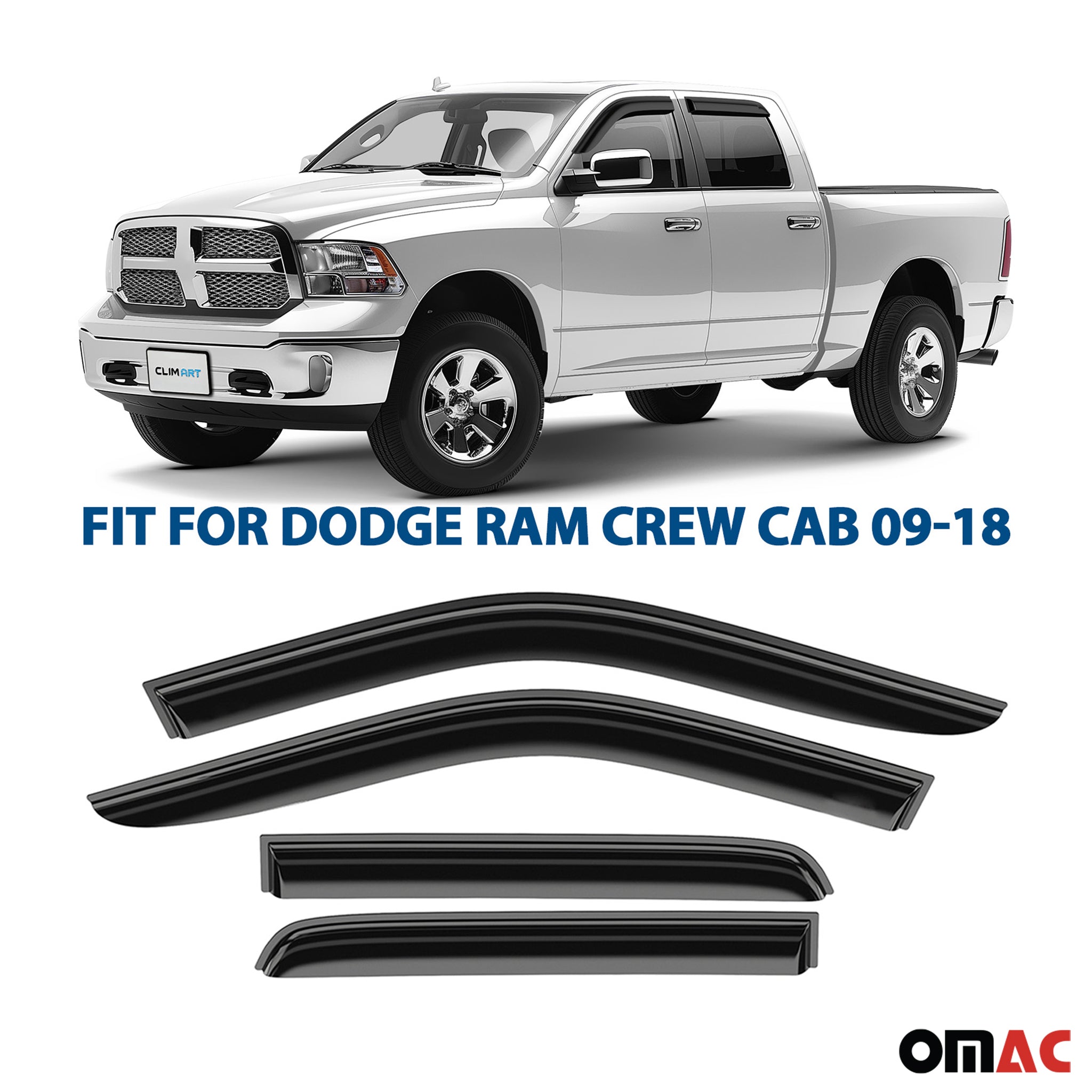Clim Art Wind Deflectors for Dodge Ram 1500 2009-2018 Crew Cab Smoke 4 Pcs