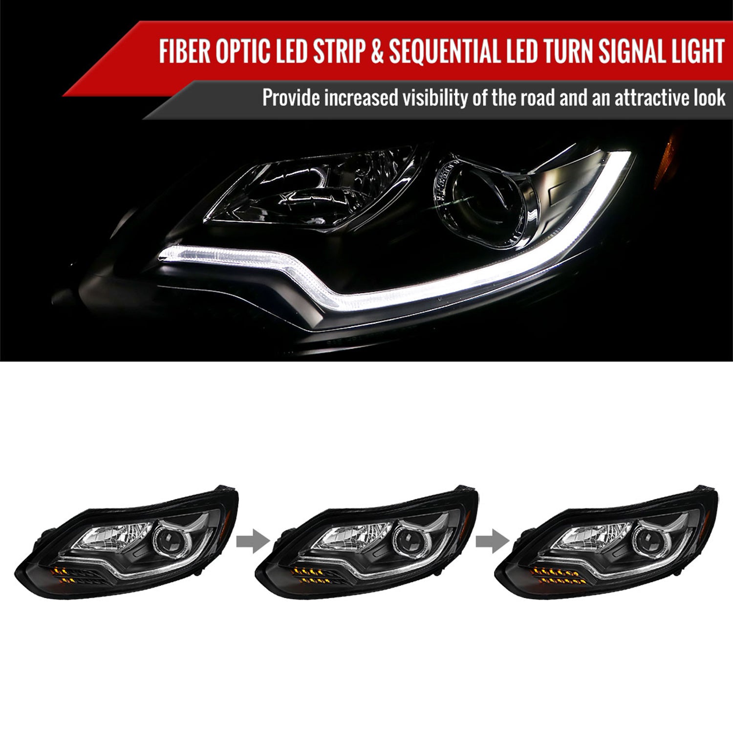 2012-2014 Ford Focus Projector Headlights LED Light & Turn Signal Lights Black