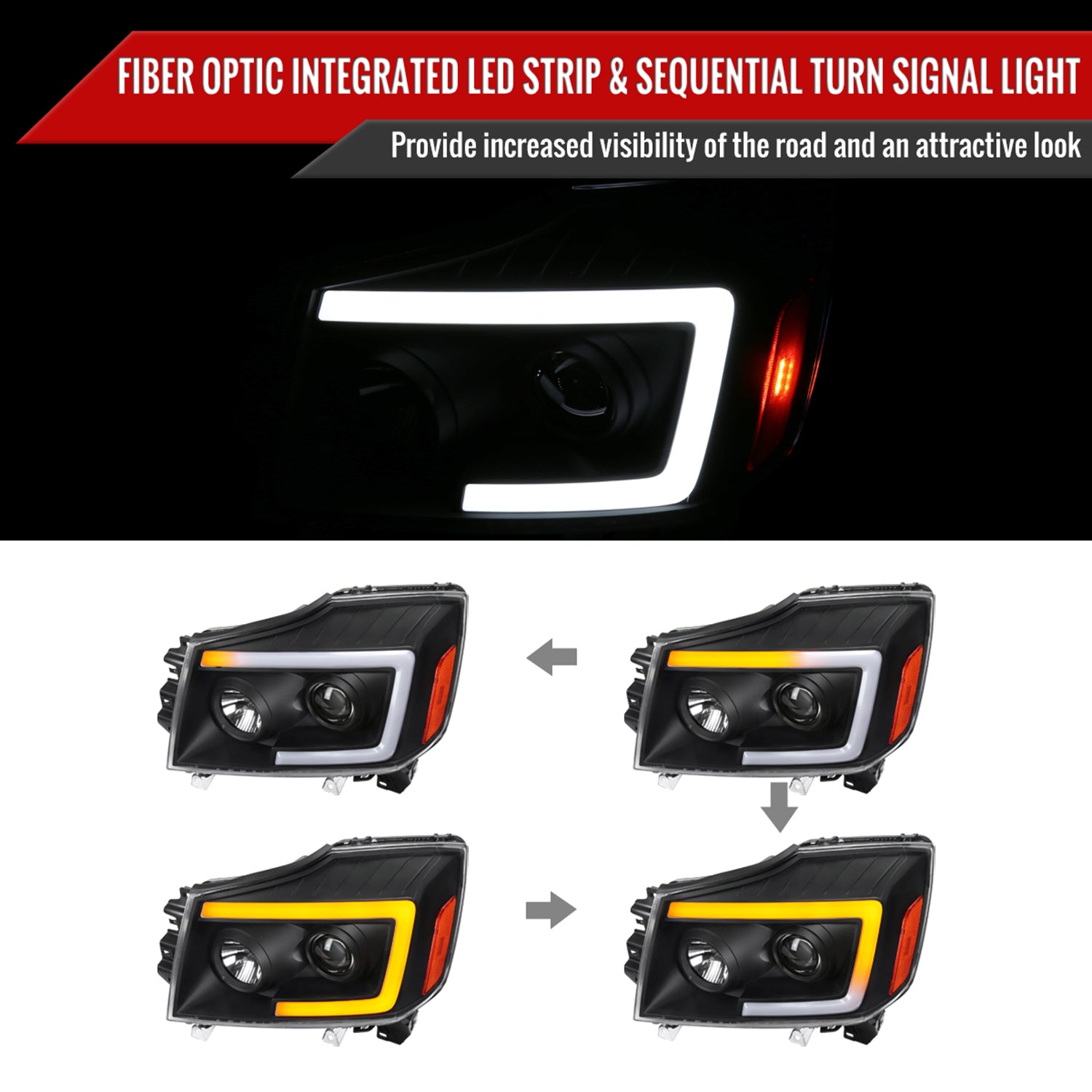 2004-2015 Nissan Titan / 04-2007 Armada LED C-Bar Headlights Signal Black