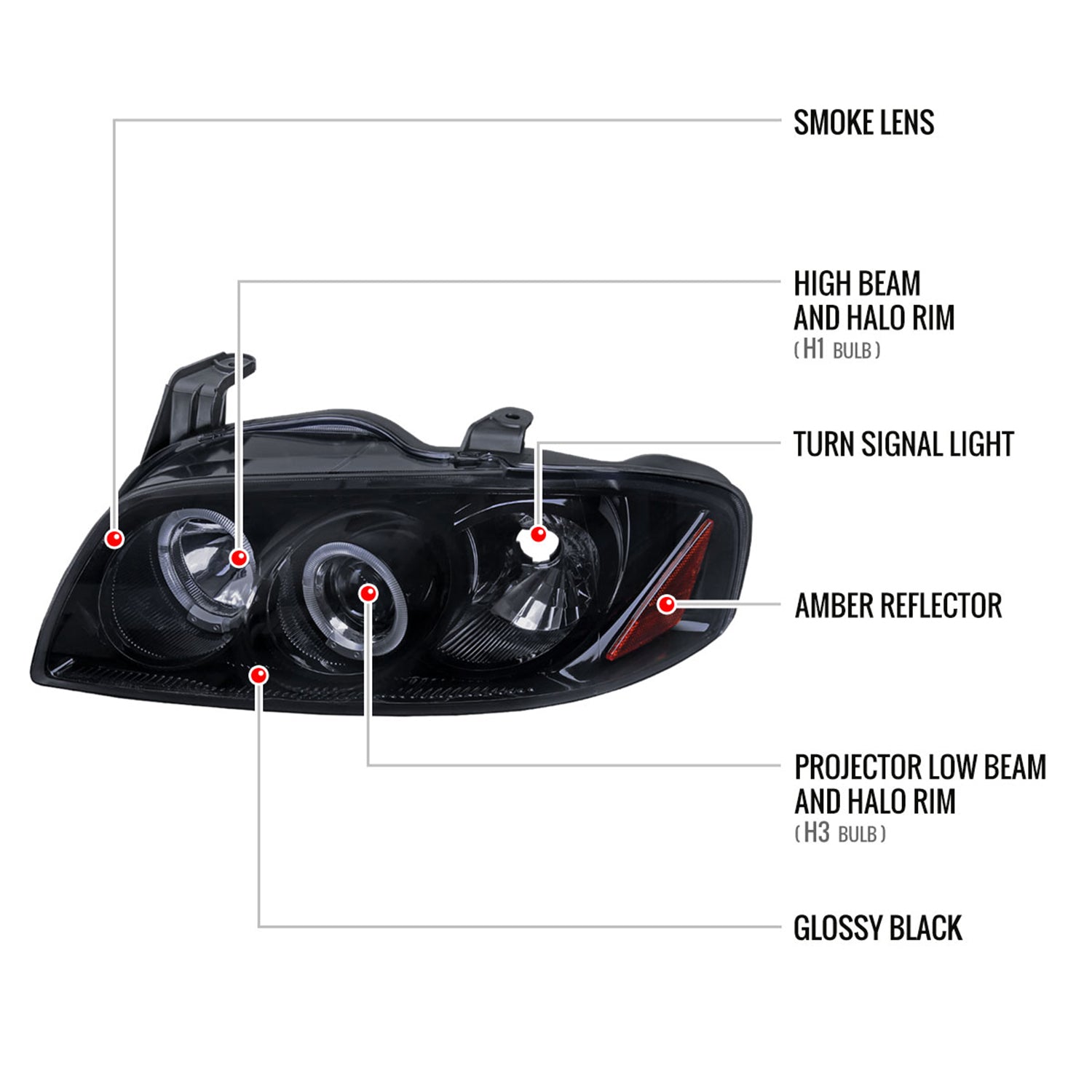 2004-2006 Nissan Sentra Dual Halo Projector Headlights Glossy Black/Smoke Lens