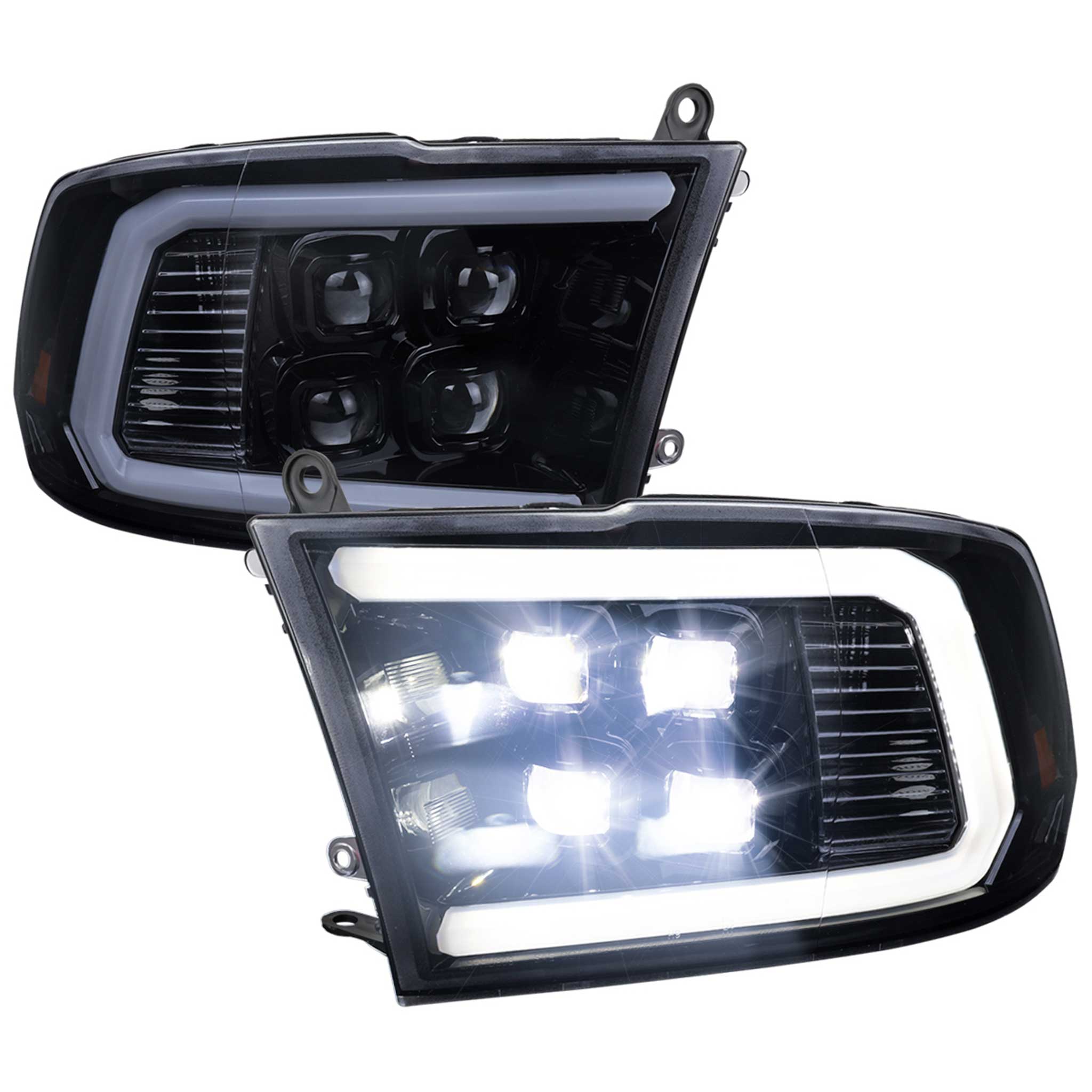 For Dodge RAM 1500 2009-18 / RAM Classic 2019 / 2500 3500 2010-18 LED Bar Turn Signal Projector Headlights Glossy Black Housing Smoked Lens