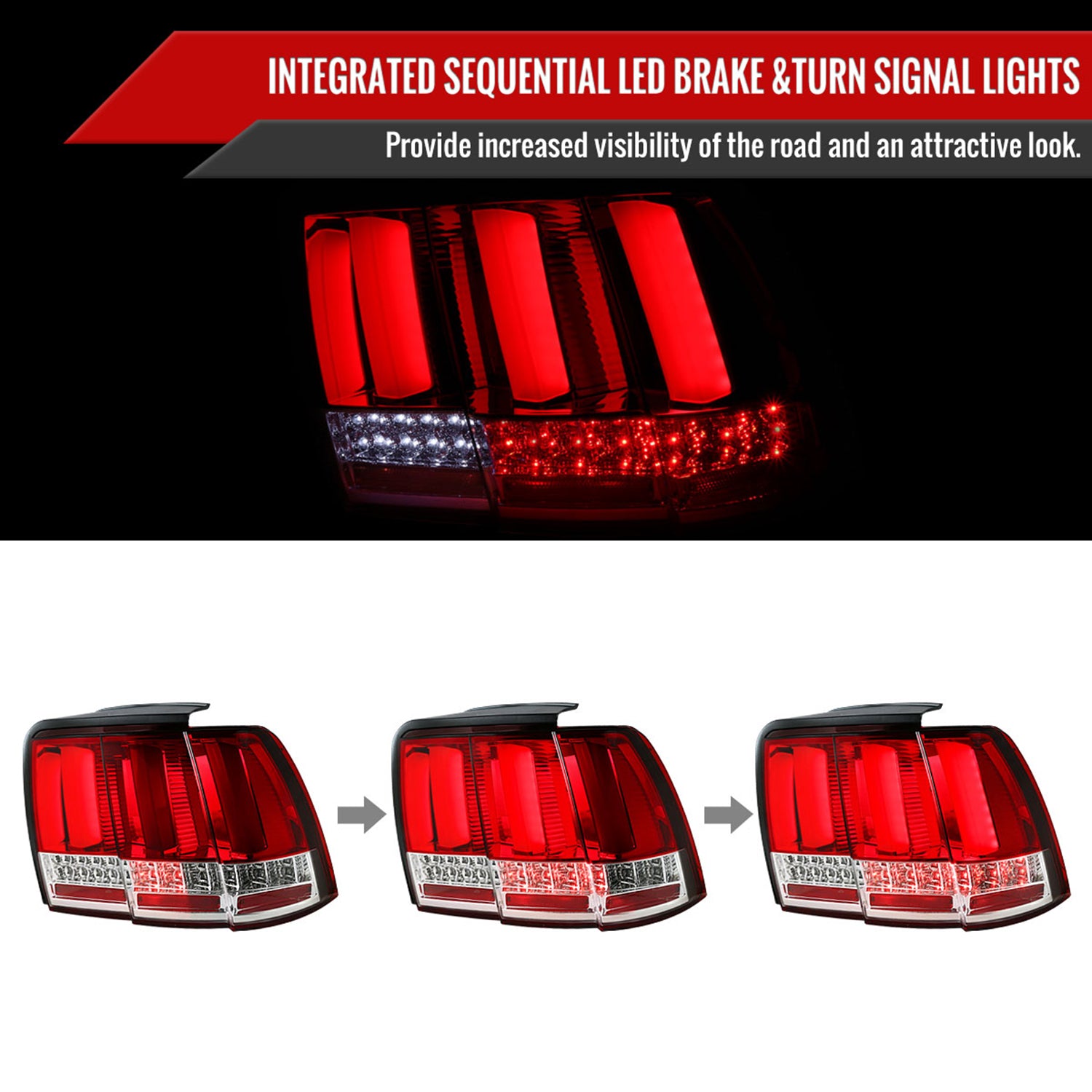 1999-2004 Ford Mustang Sequential LED Tail Lights Chrome Housing/Red Lens