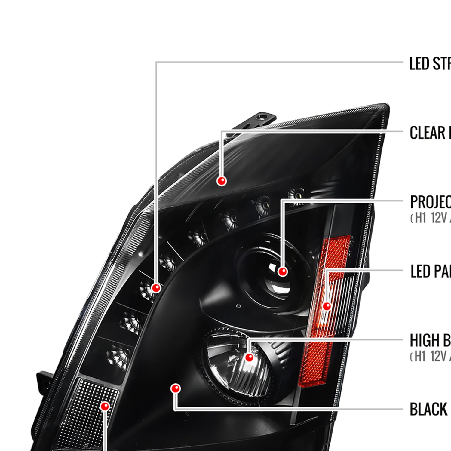 2008-2014 Cadillac CTS Projector Headlights w/LED Light Strip Matt Black/Clear