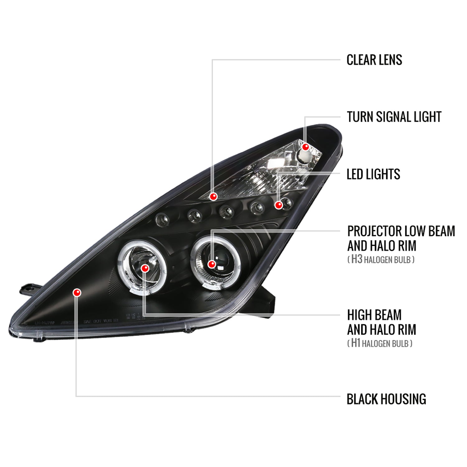 2000-2005 Toyota Celica Dual Halo Projector Headlights Matte Black/Clear Lens
