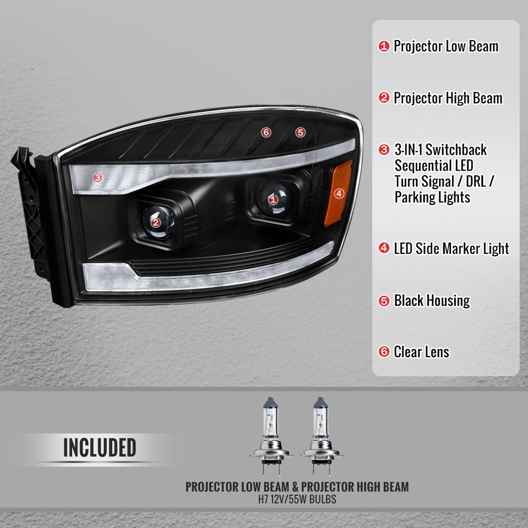 For Dodge RAM 1500 2006-08 / RAM 2500 3500 2006-09 Headlights LED Strip Turn Signals DRL Startup Animation Black Housing Clear Lens