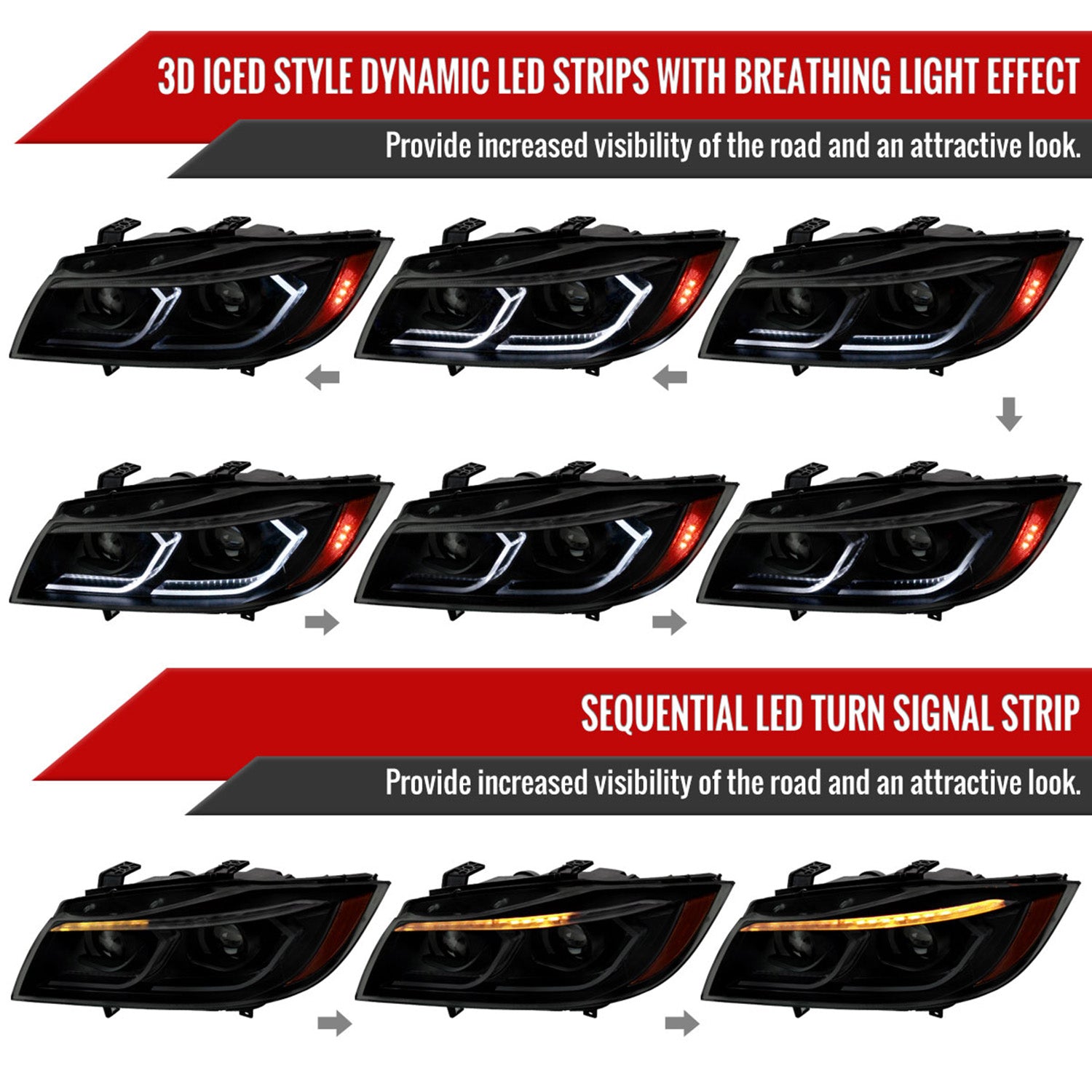 2006-2011 BMW E90 3 Series Sedan 3D Iced LED Dual Projector Headlights Smoke