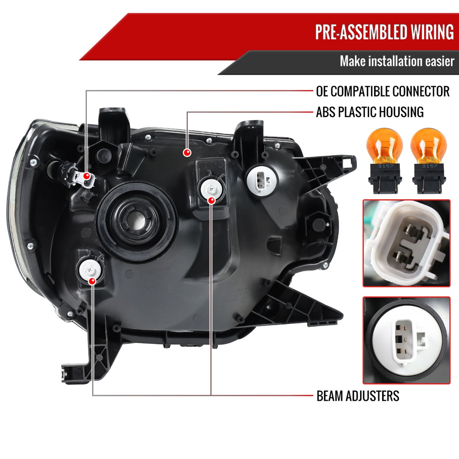 2012-2015 Toyota Tacoma LED Bar Factory Headlights Amber Reflector Matt Black