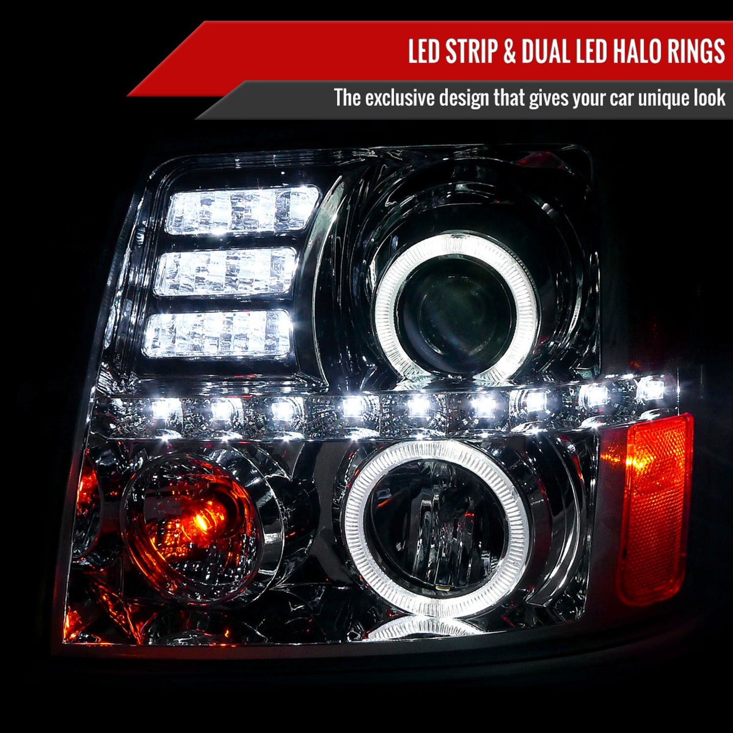2002-2006 Cadillac Escalade Dual Halo Projector Headlights LED Light Chrome