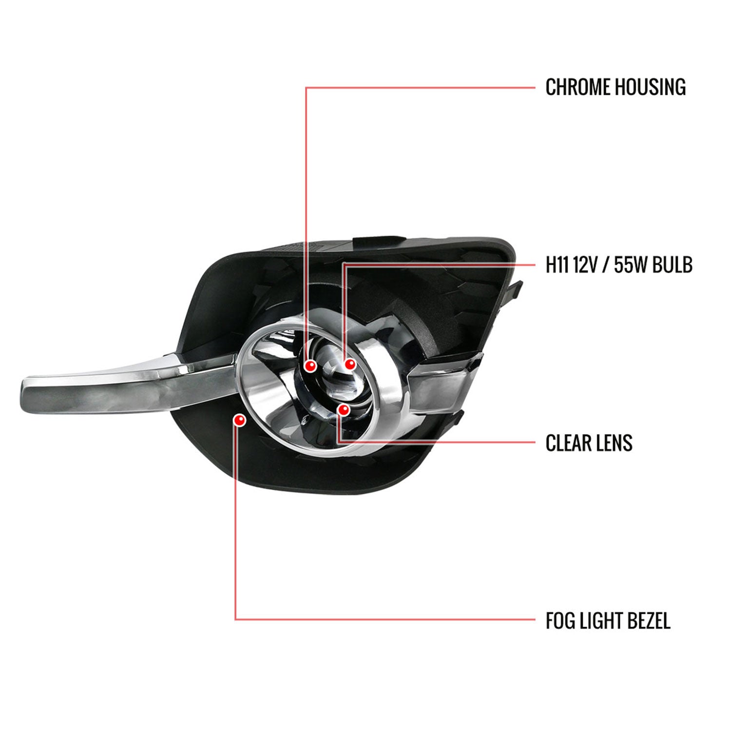 2010-2016 Chevy Equinox 12V/55W H11 Projector Fog Lights Kit Chrome/Clear Lens