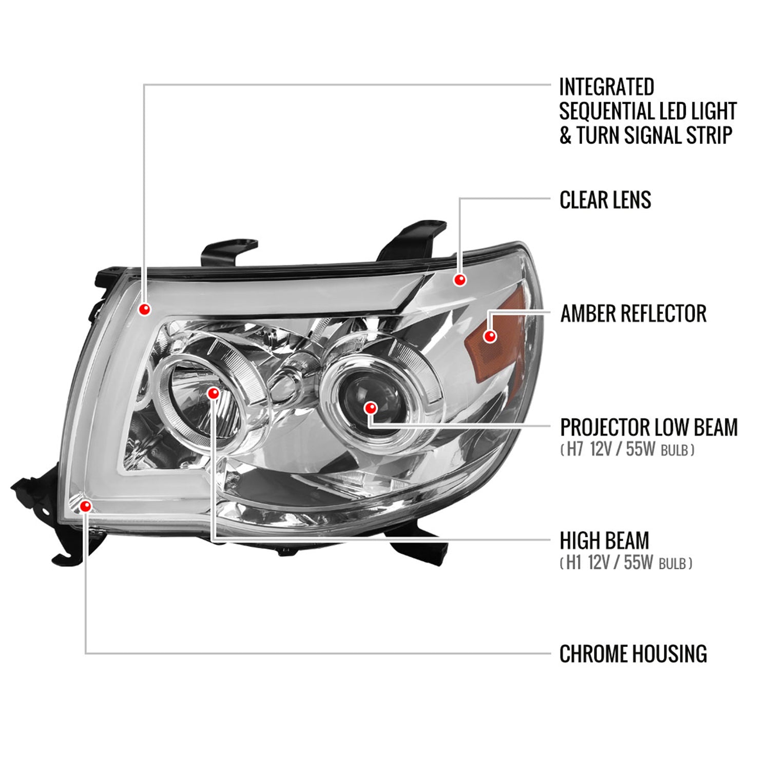 2005-2011 Toyota Tacoma LED Bar Projector Headlights Turn Signal Lights Chrome