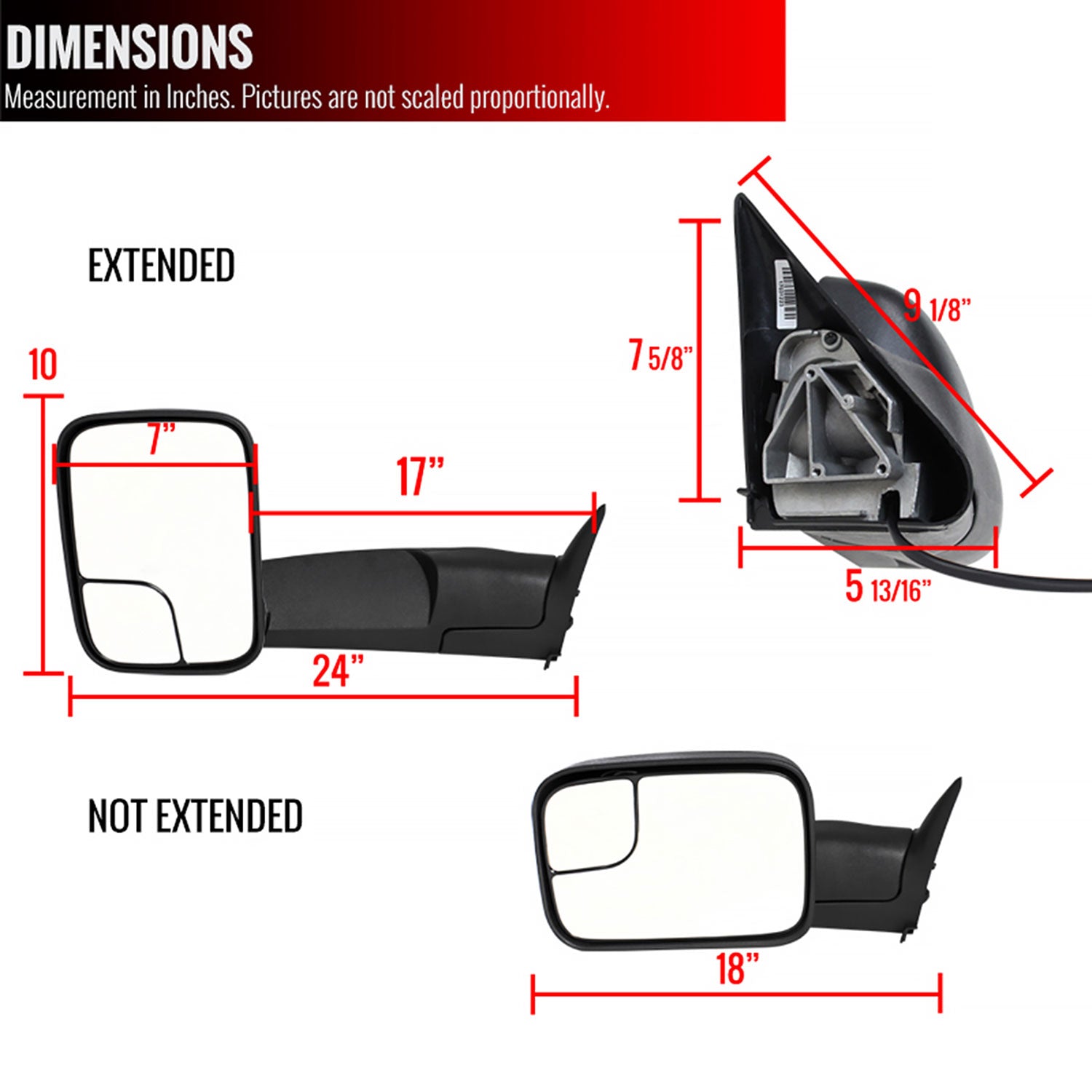 1994-1997 Dodge RAM Power Adjustable Manual Fold & Extendable Towing Mirrors