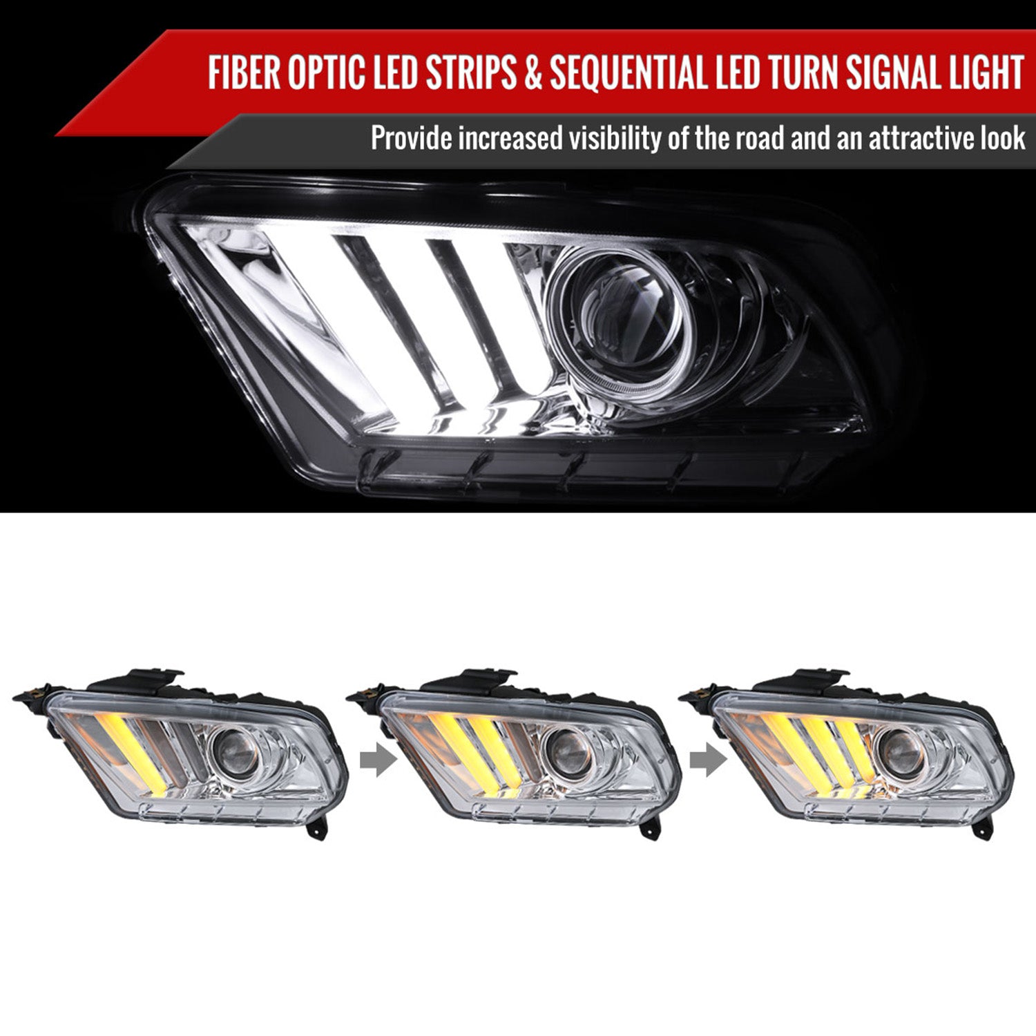 2010-2014 Ford Mustang Sequential LED Bar Projector Headlights Chrome/Clear
