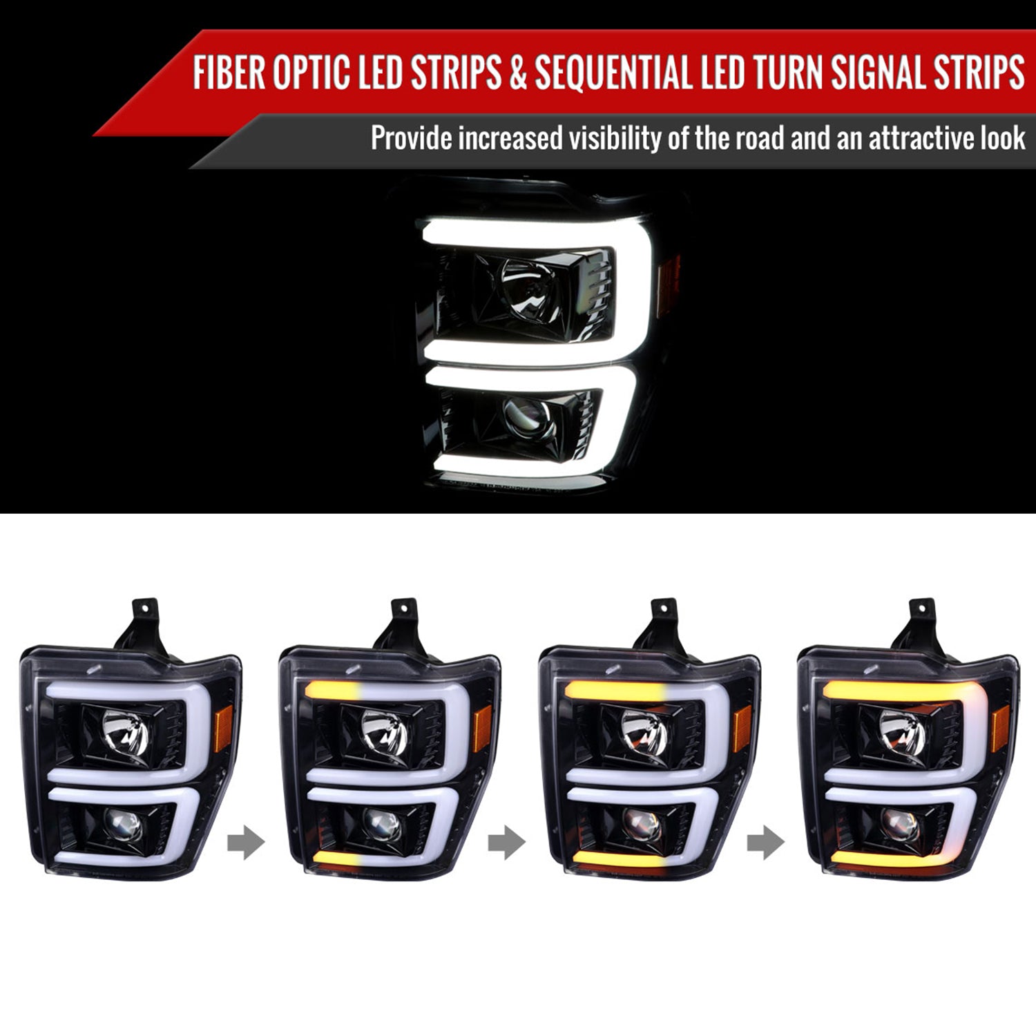 2008-2010 Ford F-250/350/450/550 LED Signal Bar Projector Headlights Jet Black