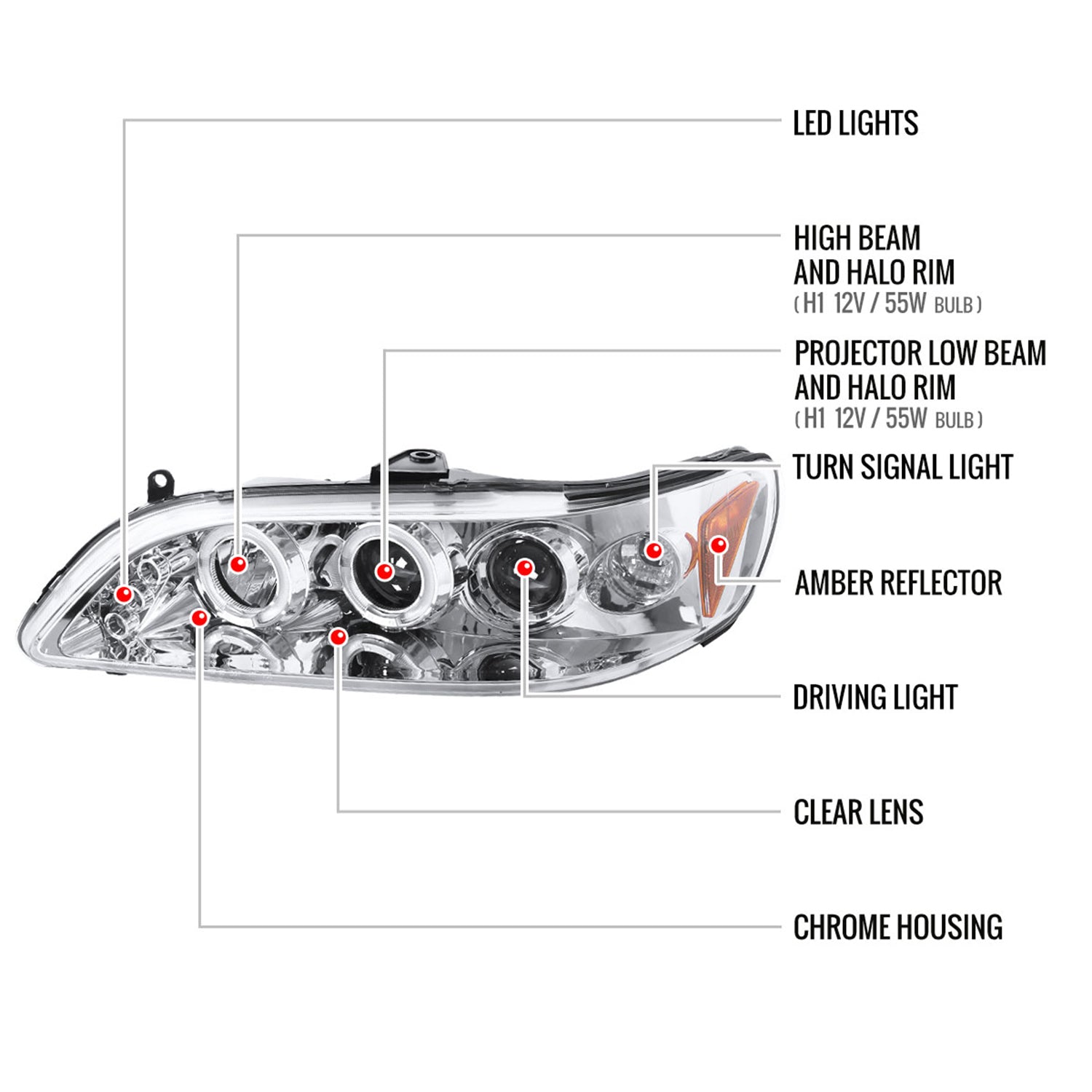1998-2002 Honda Accord Dual Halo Projector Headlights Chrome/Clear Lens