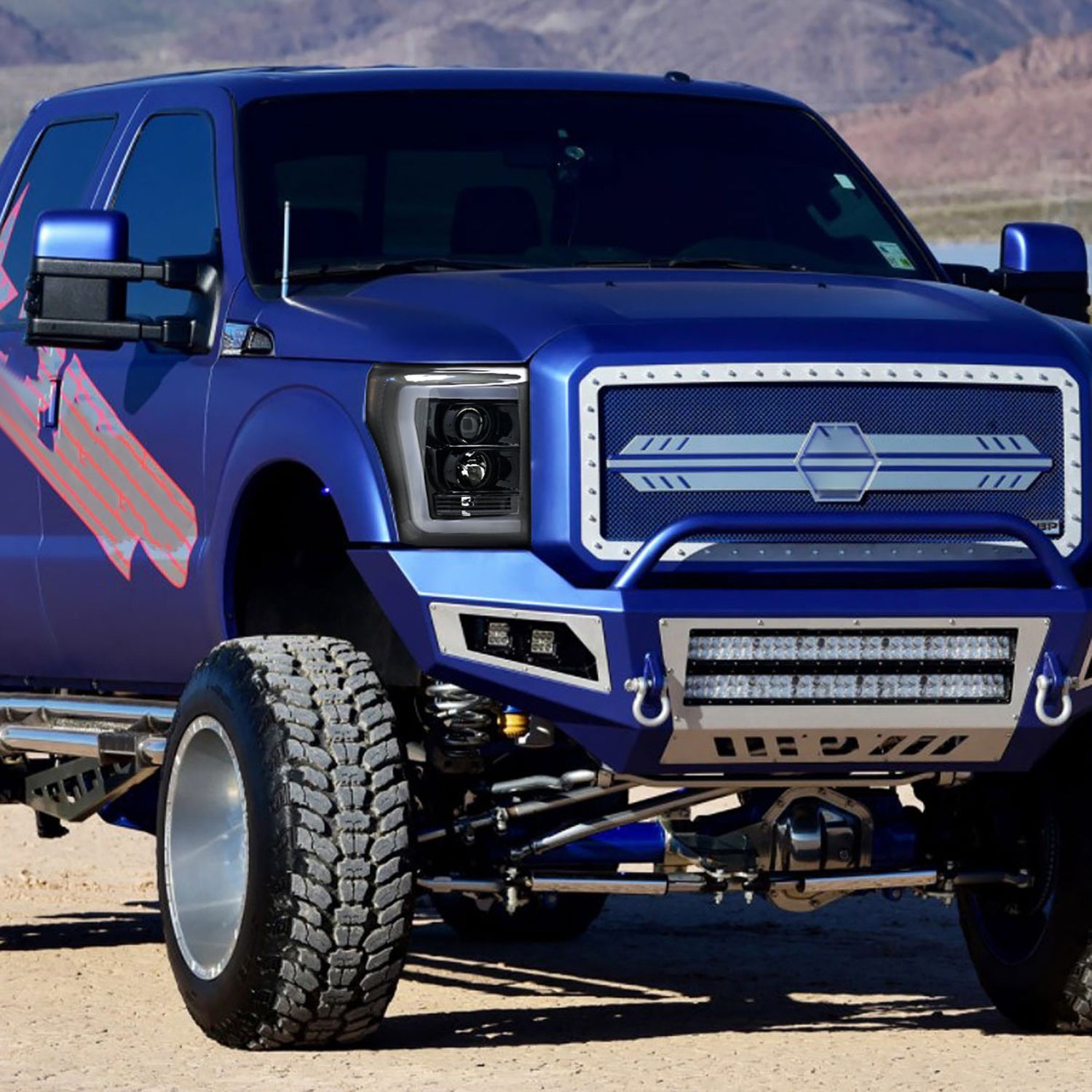 2011-2016 F-250/350/450/550 LED C-Bar Projector Headlights Jet Black/Clear