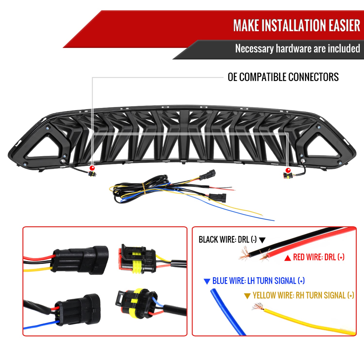2018-2023 Ford Mustang Shark Hood Grille w/Sequential LED Turn Signal Lights