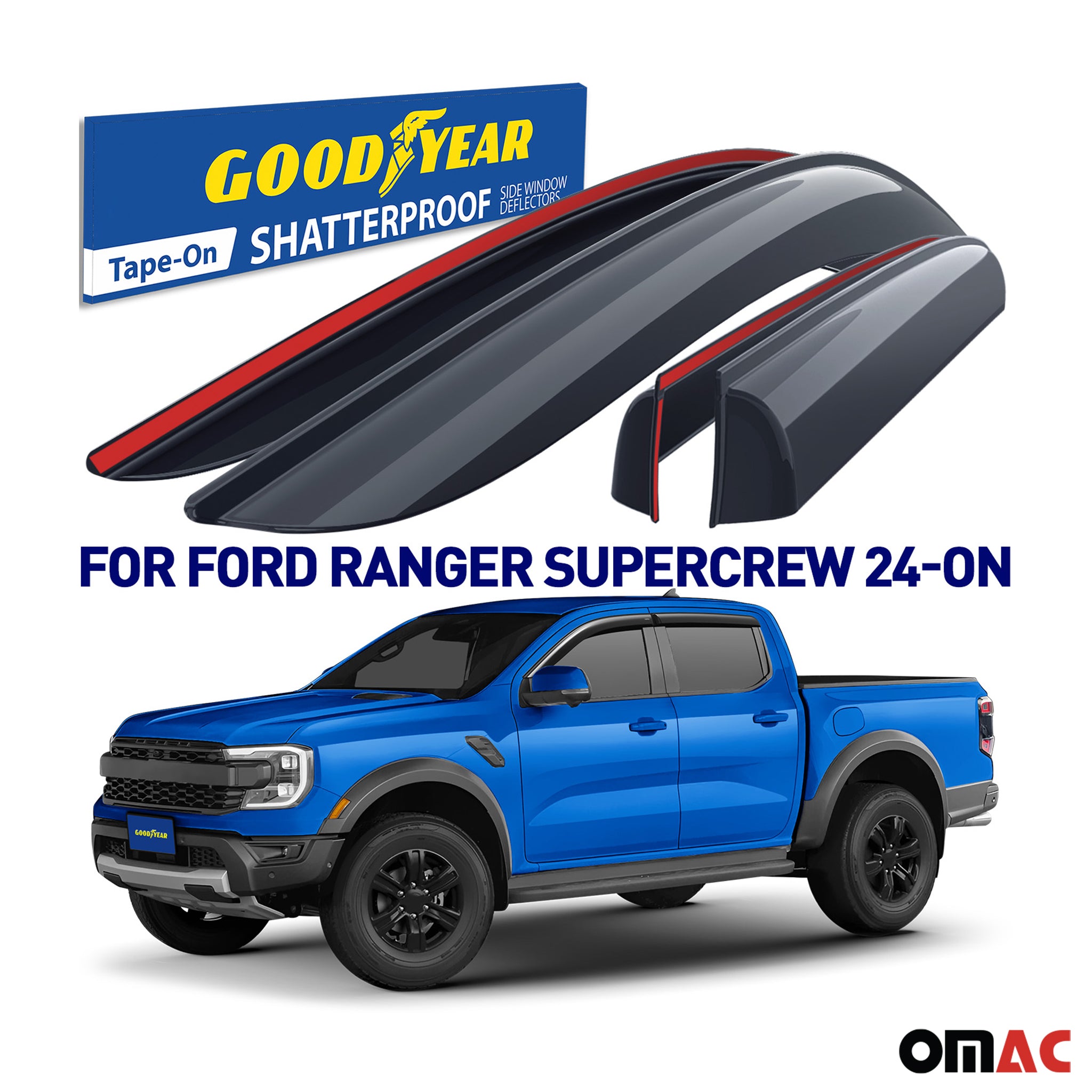Goodyear Wind Deflectors for Ford Ranger 2024-2025 SuperCrew Tape-On Smoke 4 pcs
