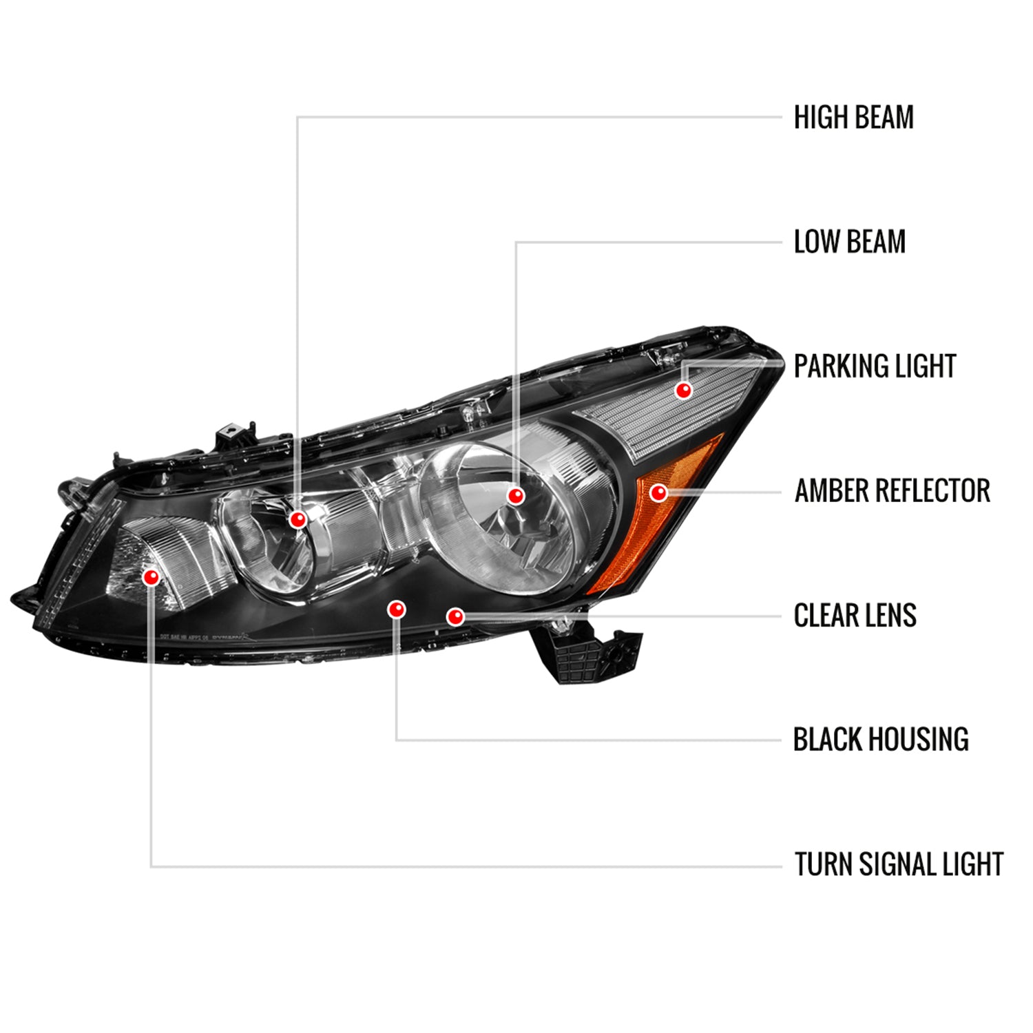 2008-2012 Honda Accord Sedan Factory Crystal Headlights Amber Reflector Black