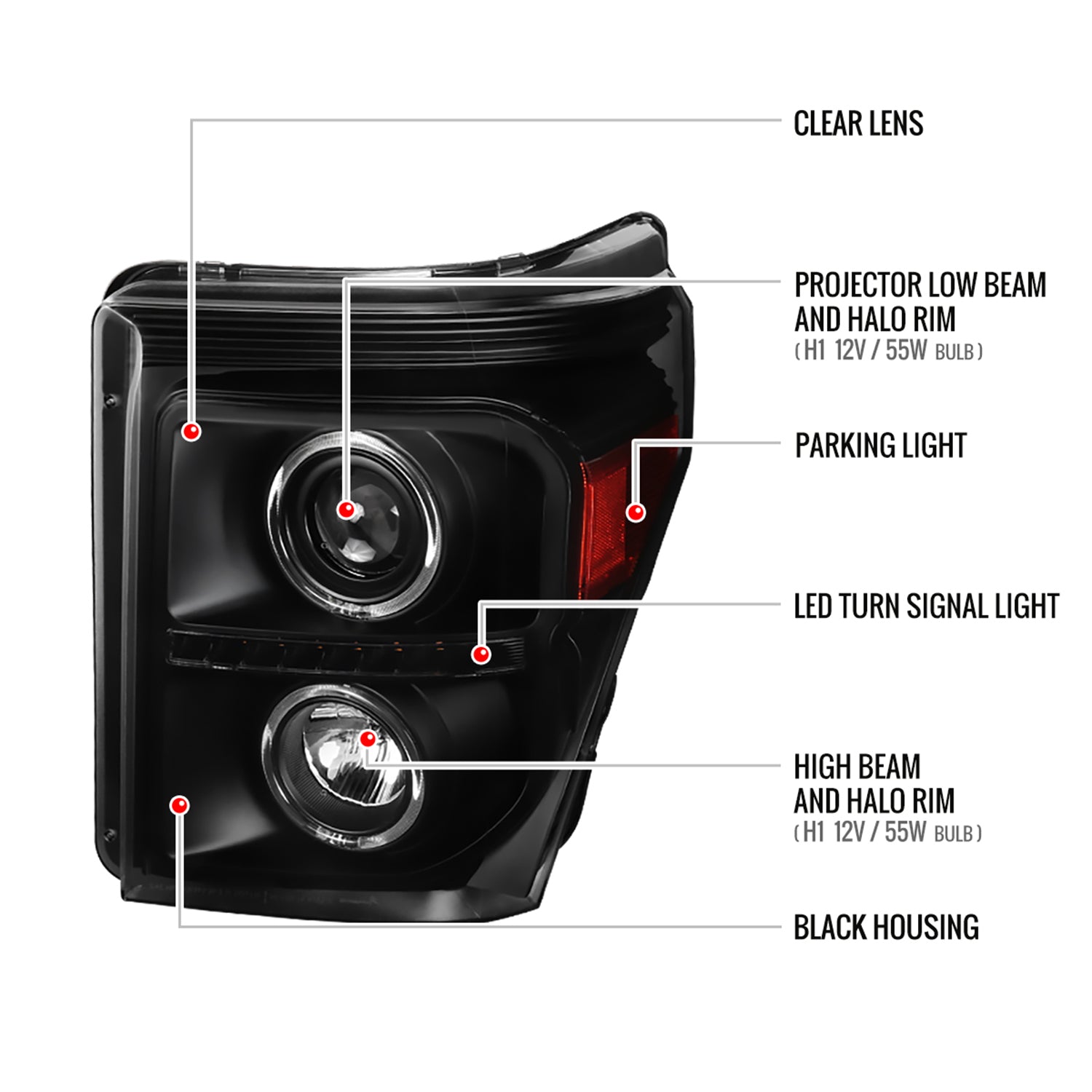 2011-2016 F-250 F-350 F-450 F-550 Dual Halo Headlights LED Signal Lights Black