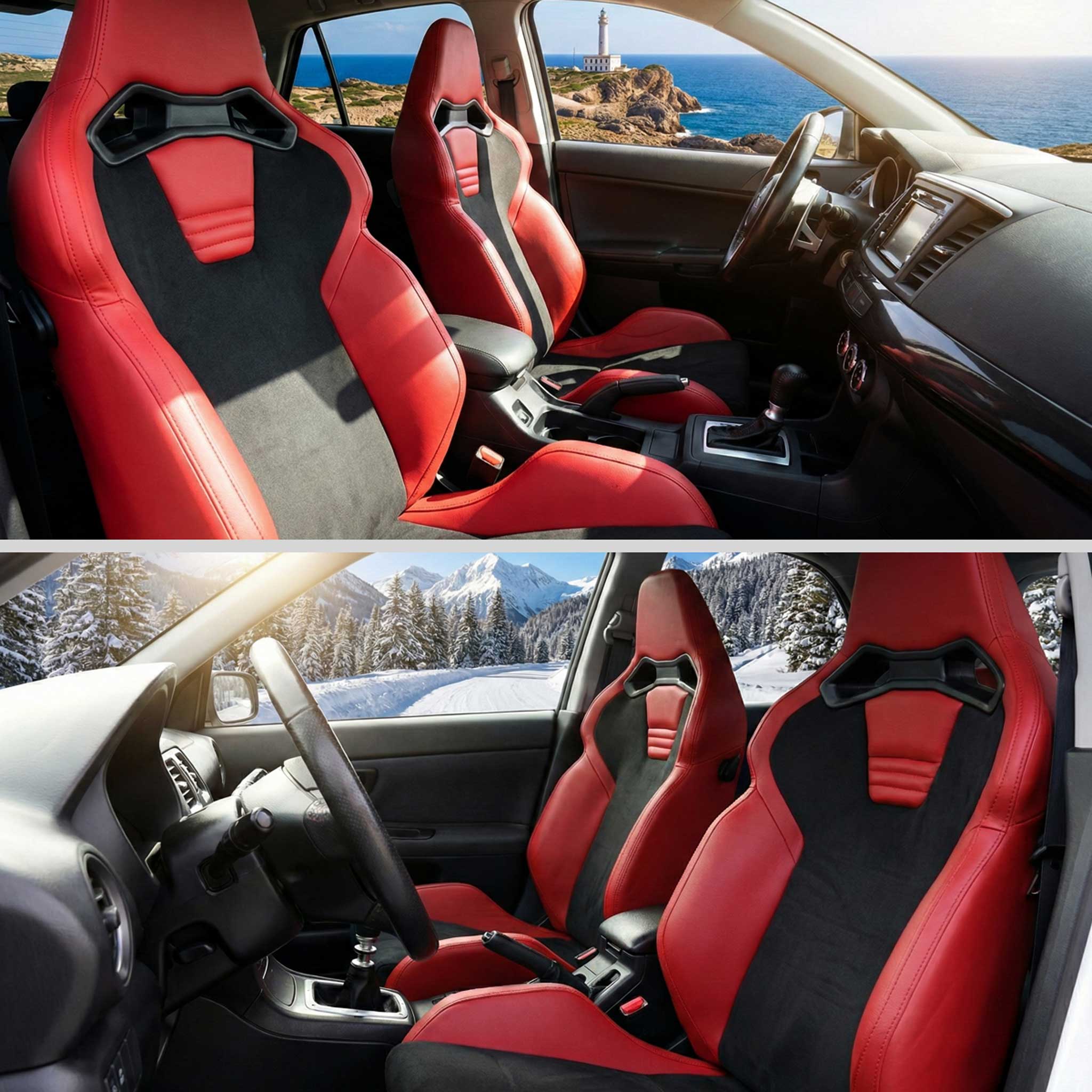 Universal Racing Seat Red Pu Leather Charcoal Gray Suede With Double Red Stitch
