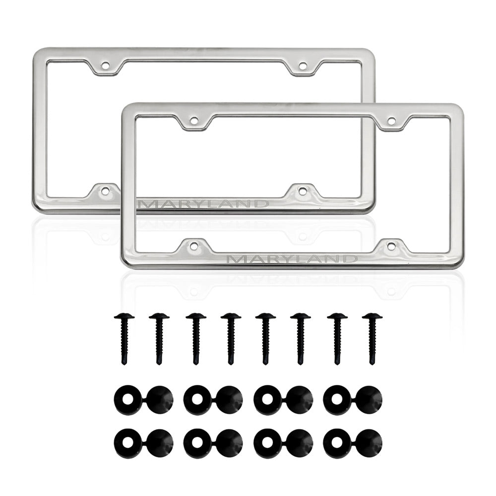 MARYLAND Print License Plate Frame Chrome Stainless Steel 2 Pcs