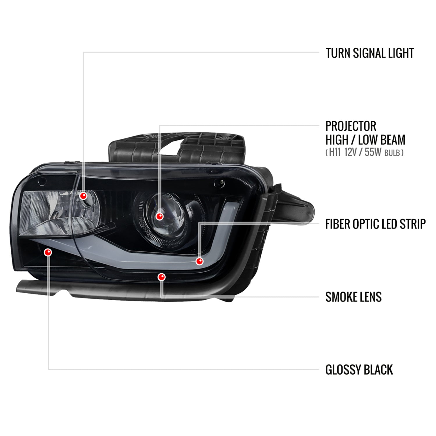 2010-2013 Chevy Camaro LED Bar Projector Headlights Glossy Black/Smoke Lens