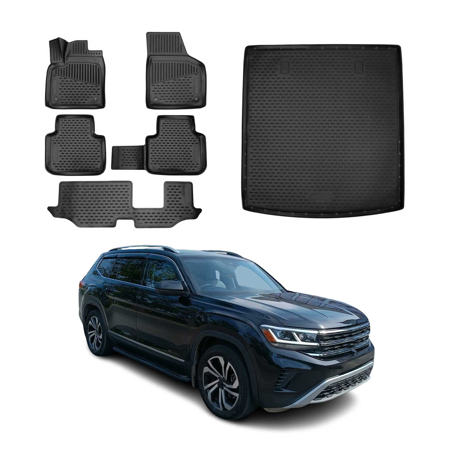 2018-2026 Volkswagen Atlas Floor Mats & Cargo Liner Full Set All Weather 2nd Row Behind Black