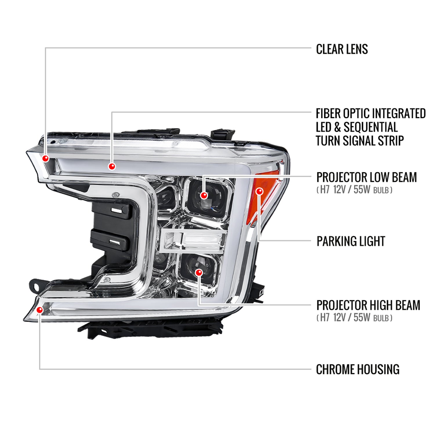 2018-2020 Ford F-150 LED CBar Projector Headlights Signal Lights Chrome Clear