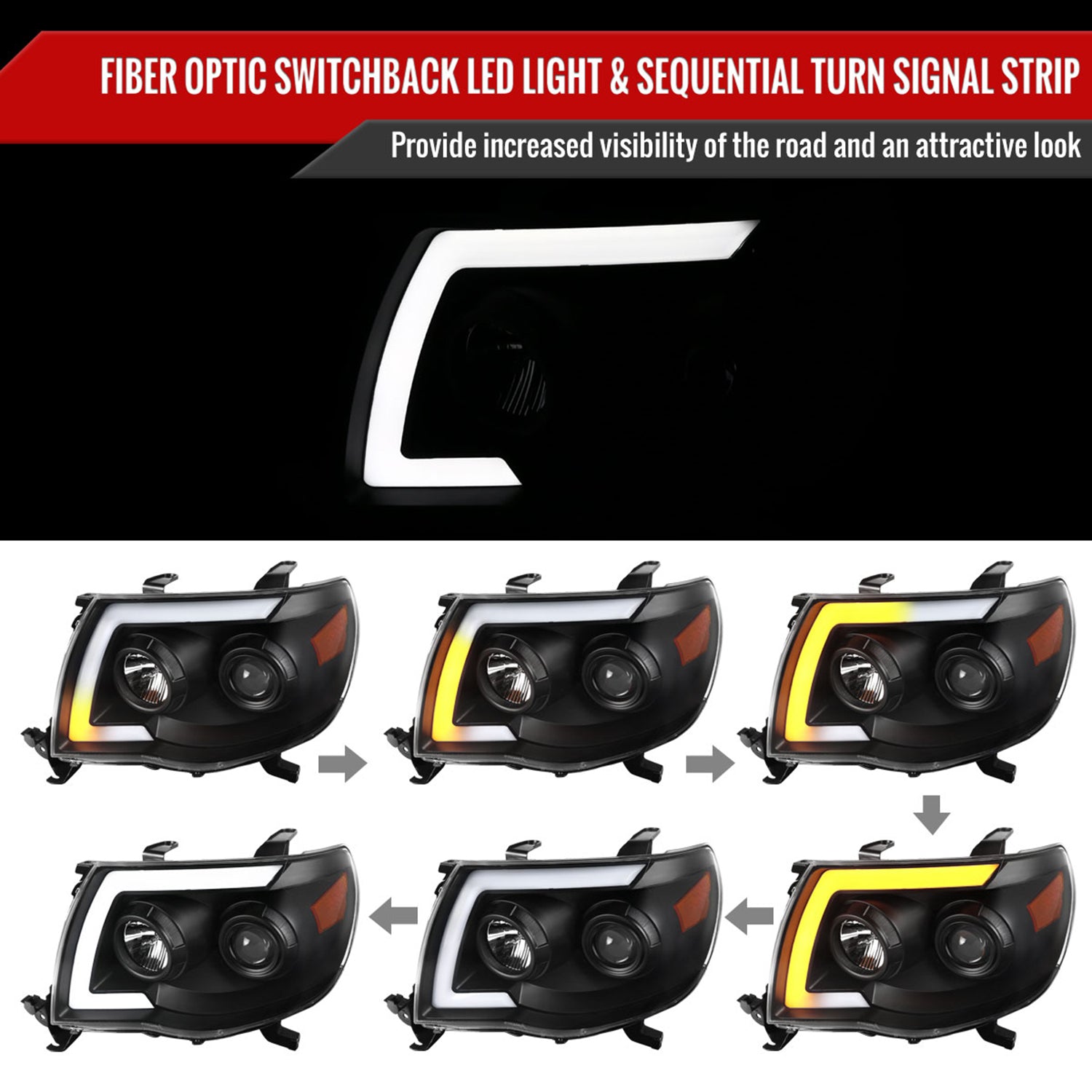 2005-2011 Toyota Tacoma LED Bar Projector Headlights Turn Signal Lights Black