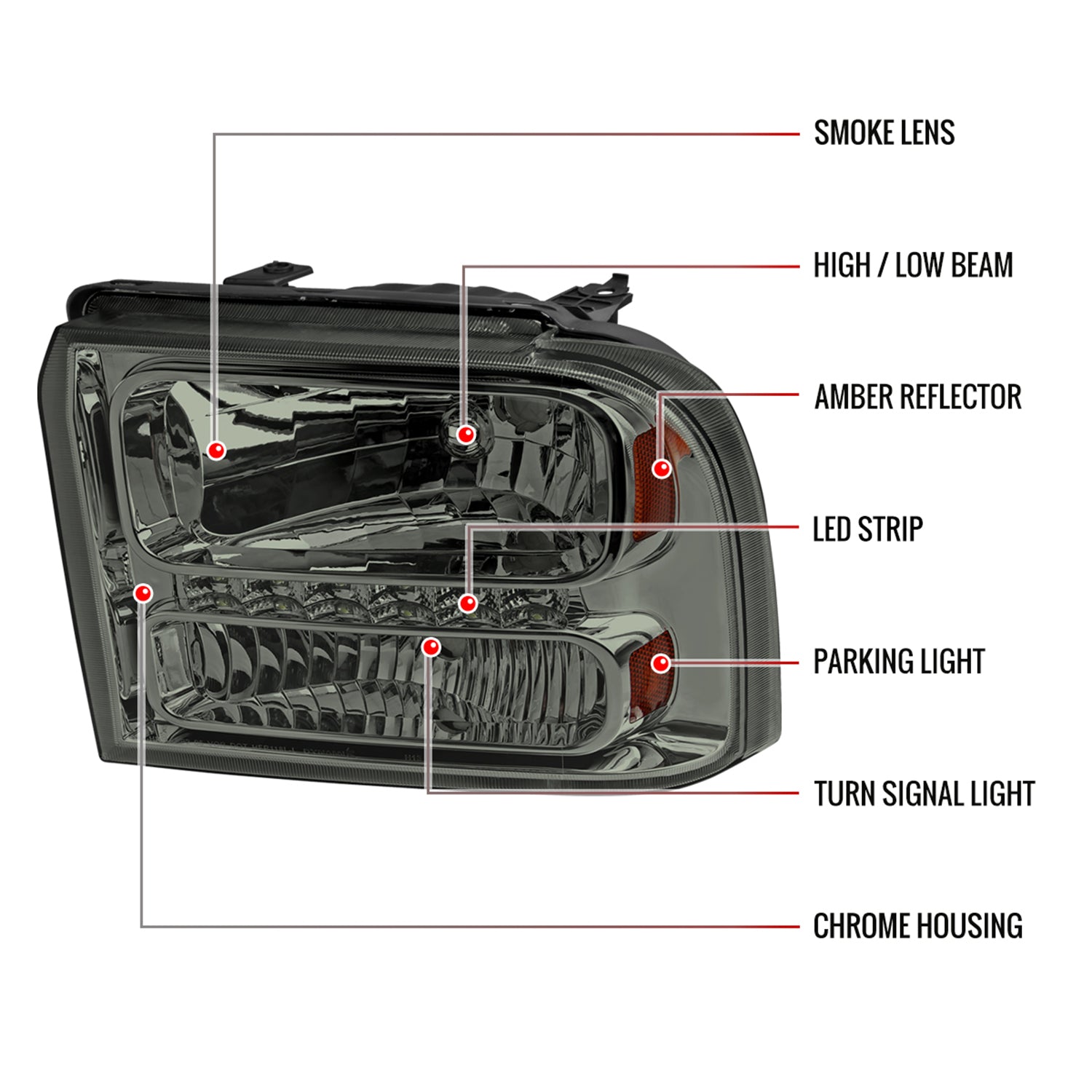 2005-2007 Ford F-250/350/450/550/Excursion Crystal Headlights LED Light Smoke