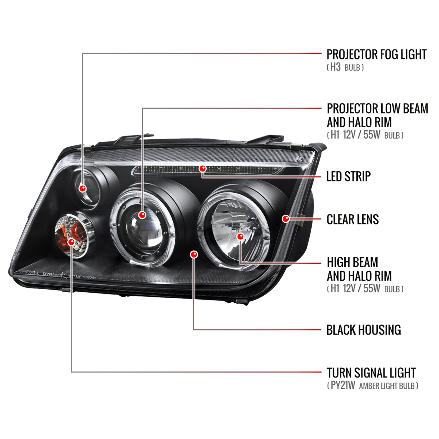 1999-2005 VW Jetta/Bora Mk4 Dual Halo Projector Headlights LED Light Black