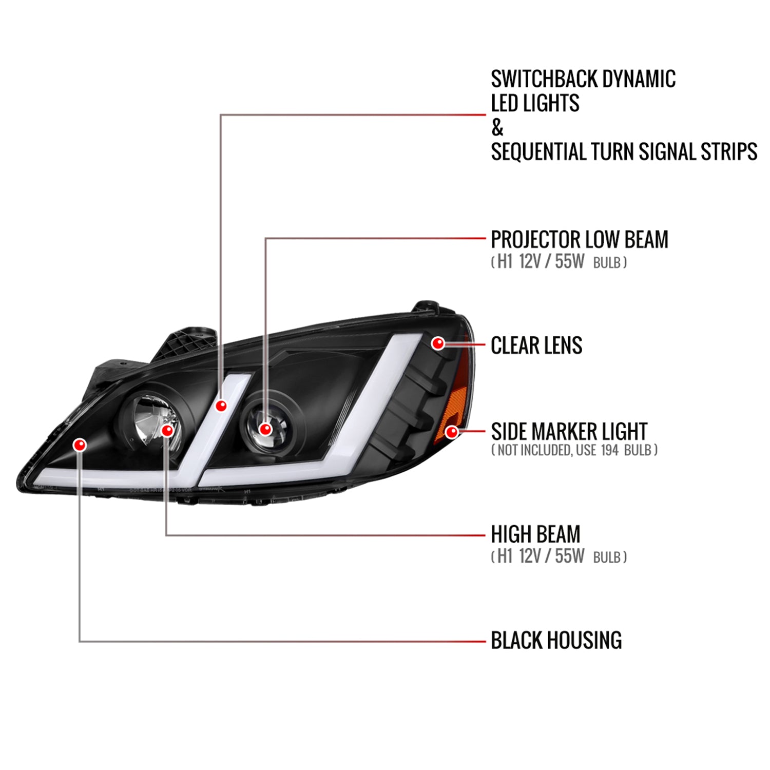 2005-2010 Pontiac G6 Projector Factory Headlight LED Bar Turn Signal Black