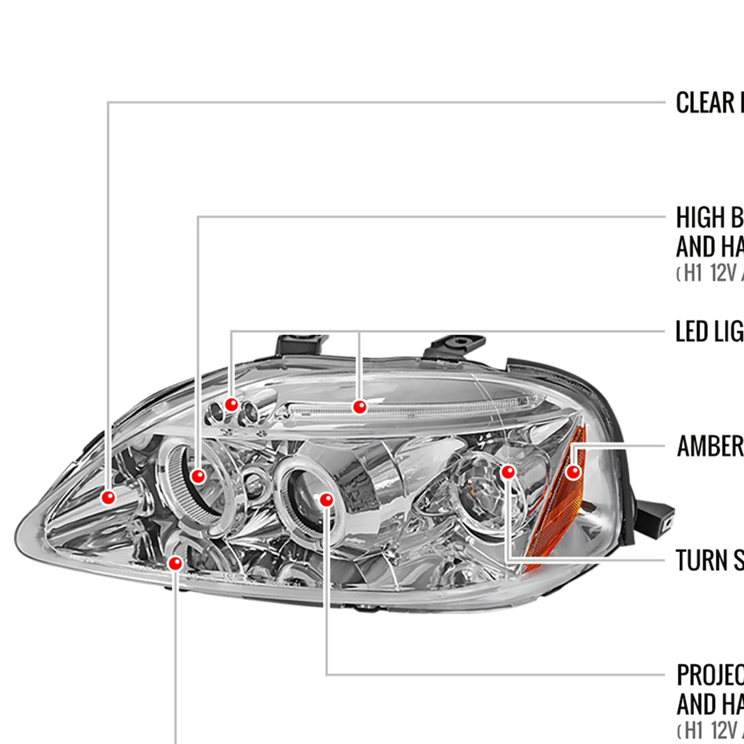 1999-2000 Honda Civic Dual Halo Projector Headlights Chrome/Clear Lens