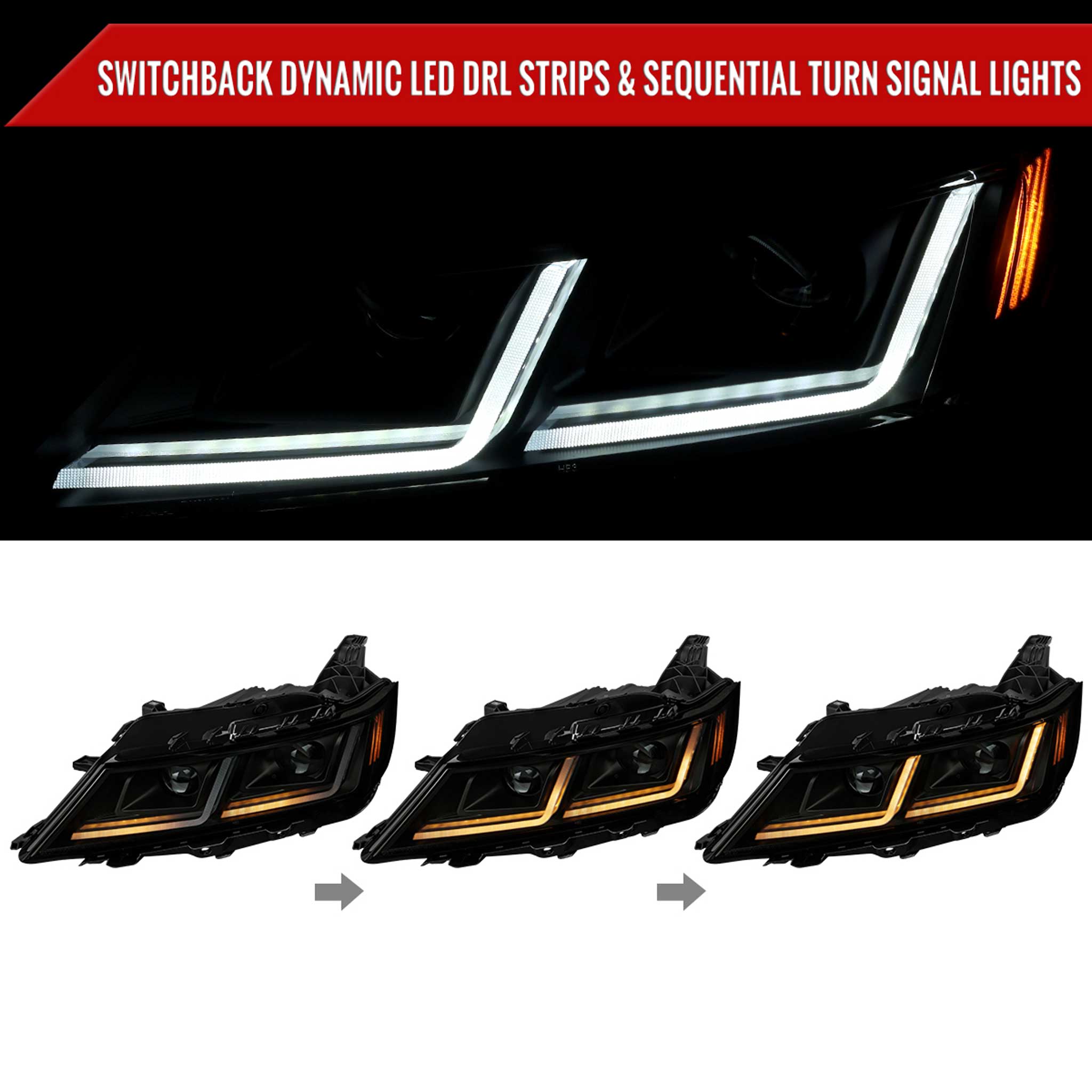 For Chevrolet Impala 2014-2020 LED DRL Sequential Project Headlights Black Housing Smoked Lens