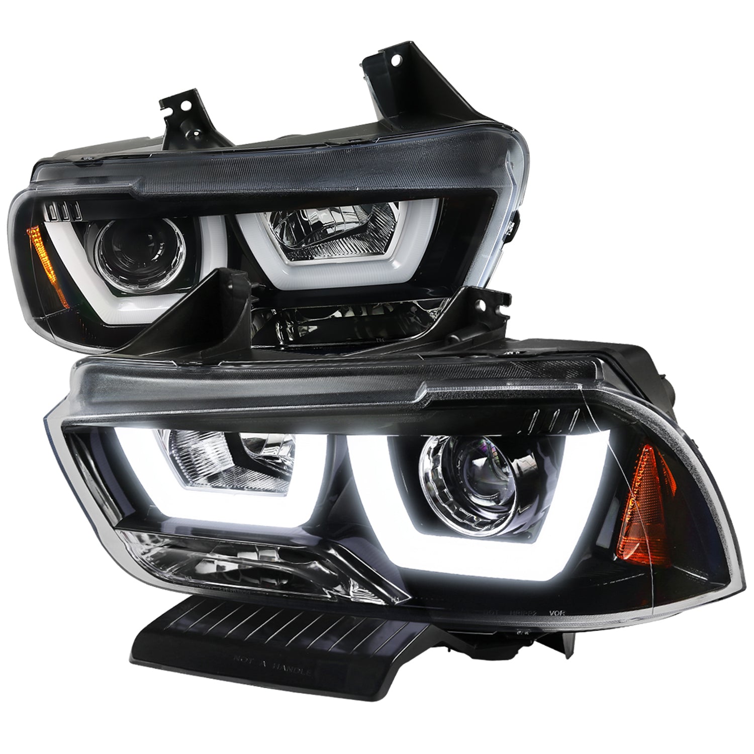 2011-2014 Dodge Charger Dual LED U-Bar Projector Headlights Jet Black/Clear