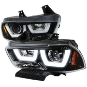 2011-2014 Dodge Charger Dual LED U-Bar Projector Headlights Jet Black/Clear
