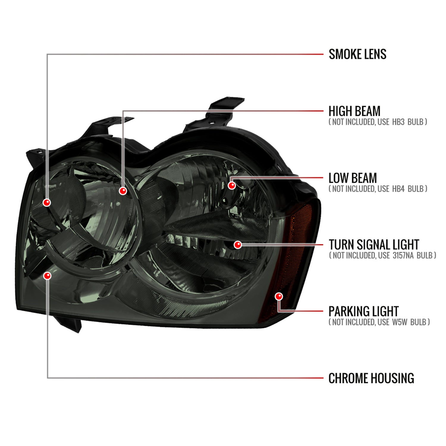 2005-2007 Jeep Grand Cherokee Factory Style Headlights Chrome/Smoke Lens