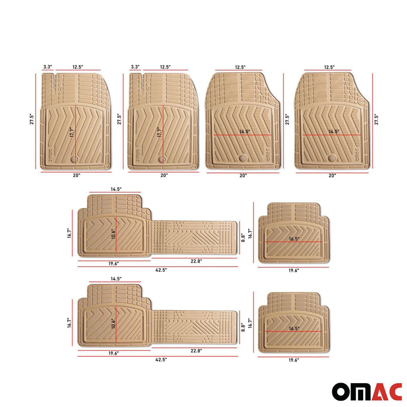 Floor Mats Liner Set All-Weather 3-Row Car Front Rear Semi-Custom fit 6+2Pcs Tan