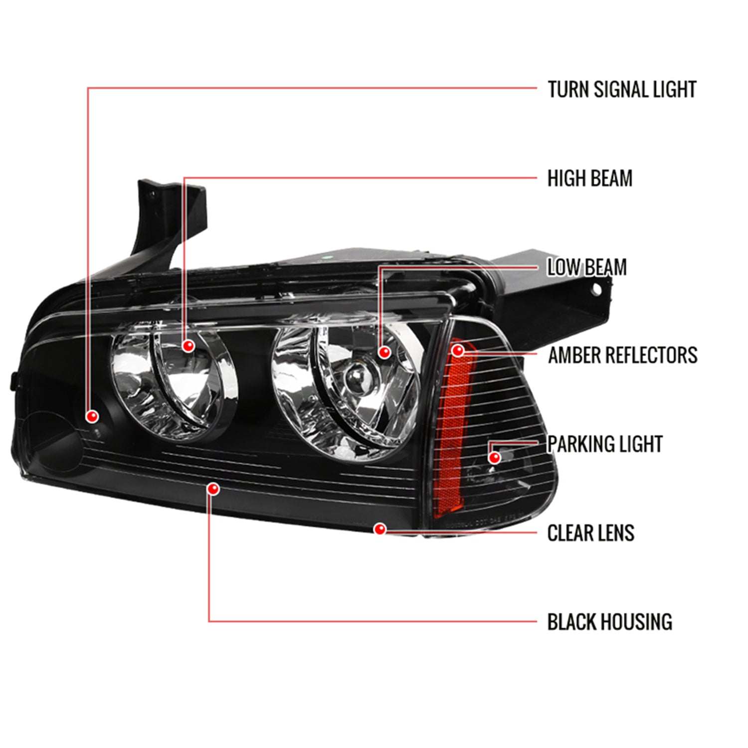 2006-2010 Dodge Charger Factory Headlights w/Corner Lights Matt Black/Clear