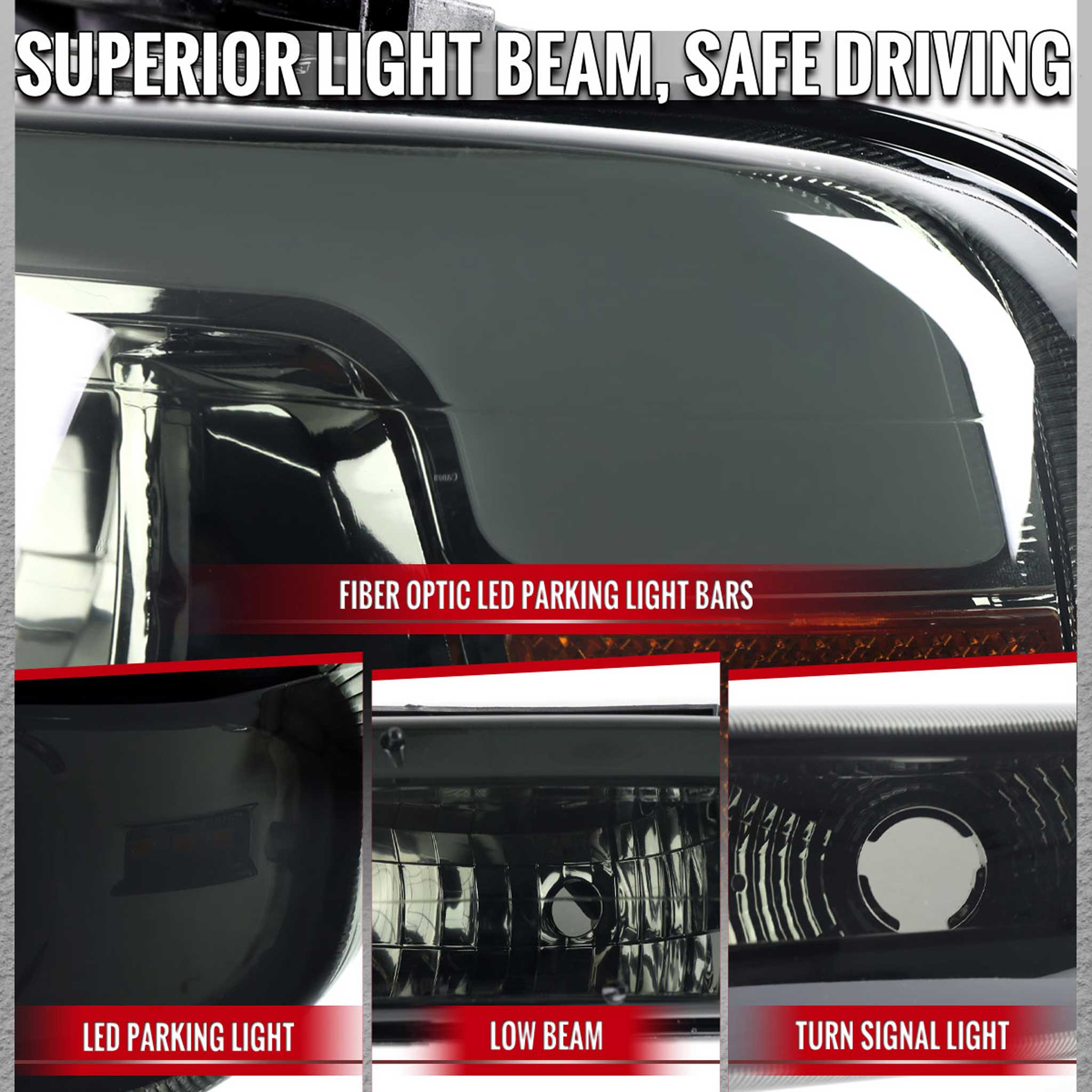 For Chevrolet Silverado Tahoe Suburban 1999-2002 LED Bar Style Headlights Bumper Light Chrome Housing Smoked Lens