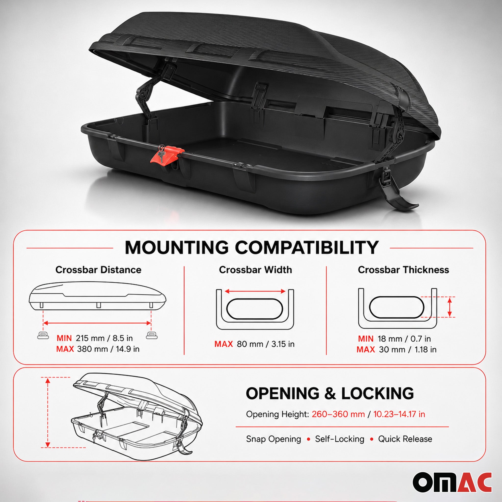 OMAC Car Rooftop Cargo Box Luggage Carrier 9.5 Cubic Feet Carbon Fiber Textured