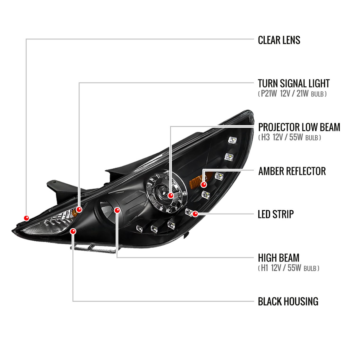 2011-2014 Hyundai Sonata Projector Headlights SMD LED Light Strip Matt Black