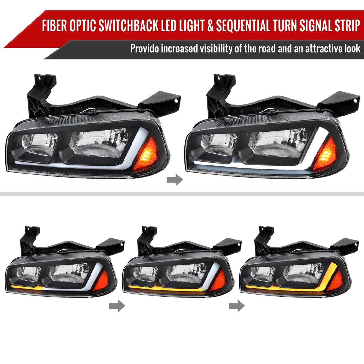 2006-2010 Dodge Charger Sequential LED Bar Factory Headlights Matt Black