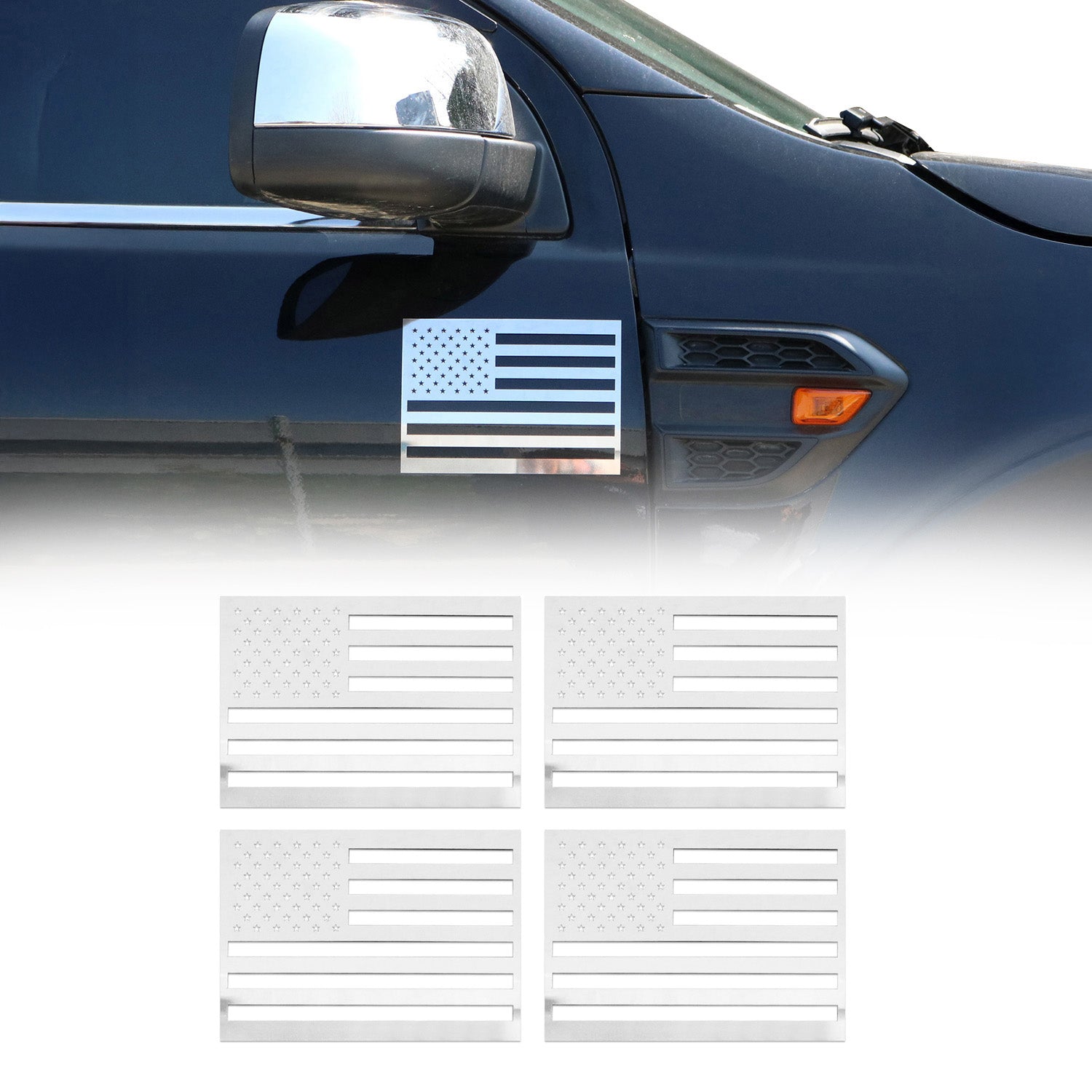 US American Flag Emblem 3D S.Steel US Badge Gloss Silver Universal Set 4 Pieces